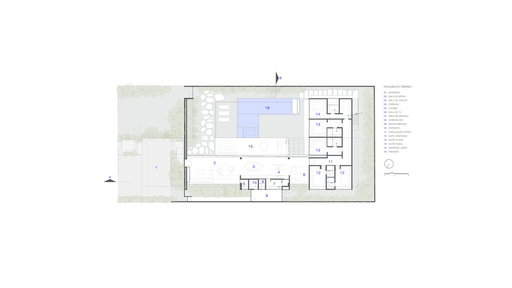 Floor plan showing rectangular volume with central courtyard and swimming pool flanked by living and service zones