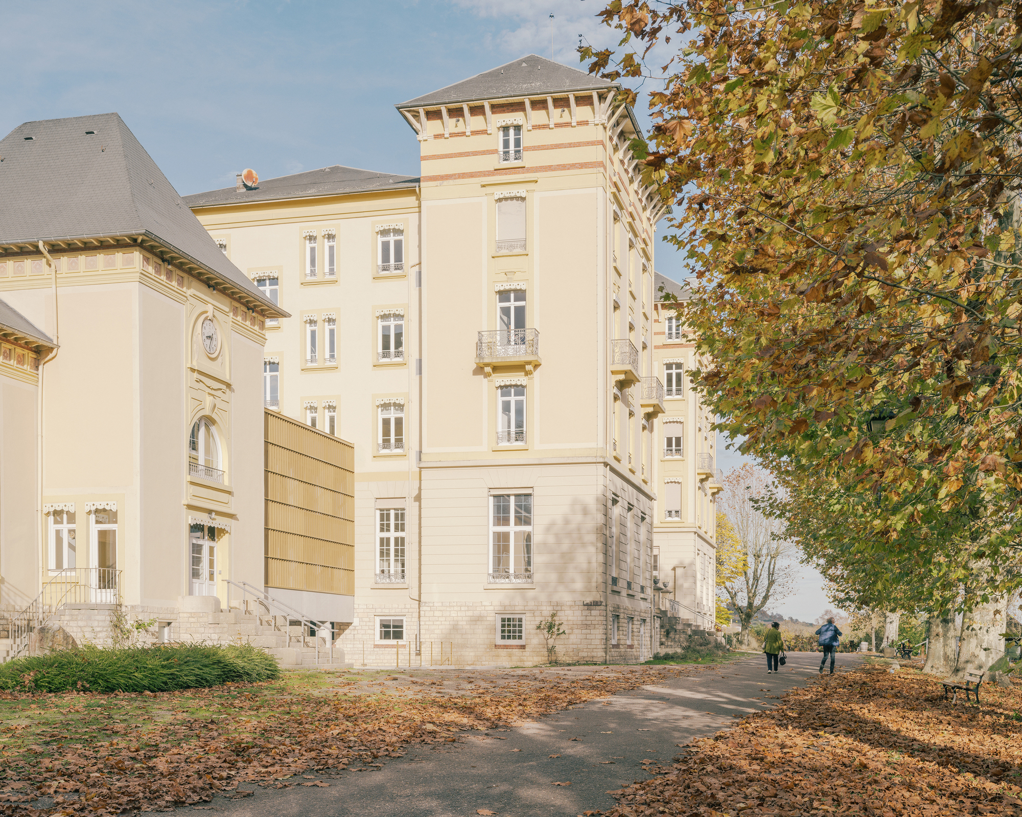 Campus view showing timber insertion alongside a cream tower block with figures walking the tree-lined path