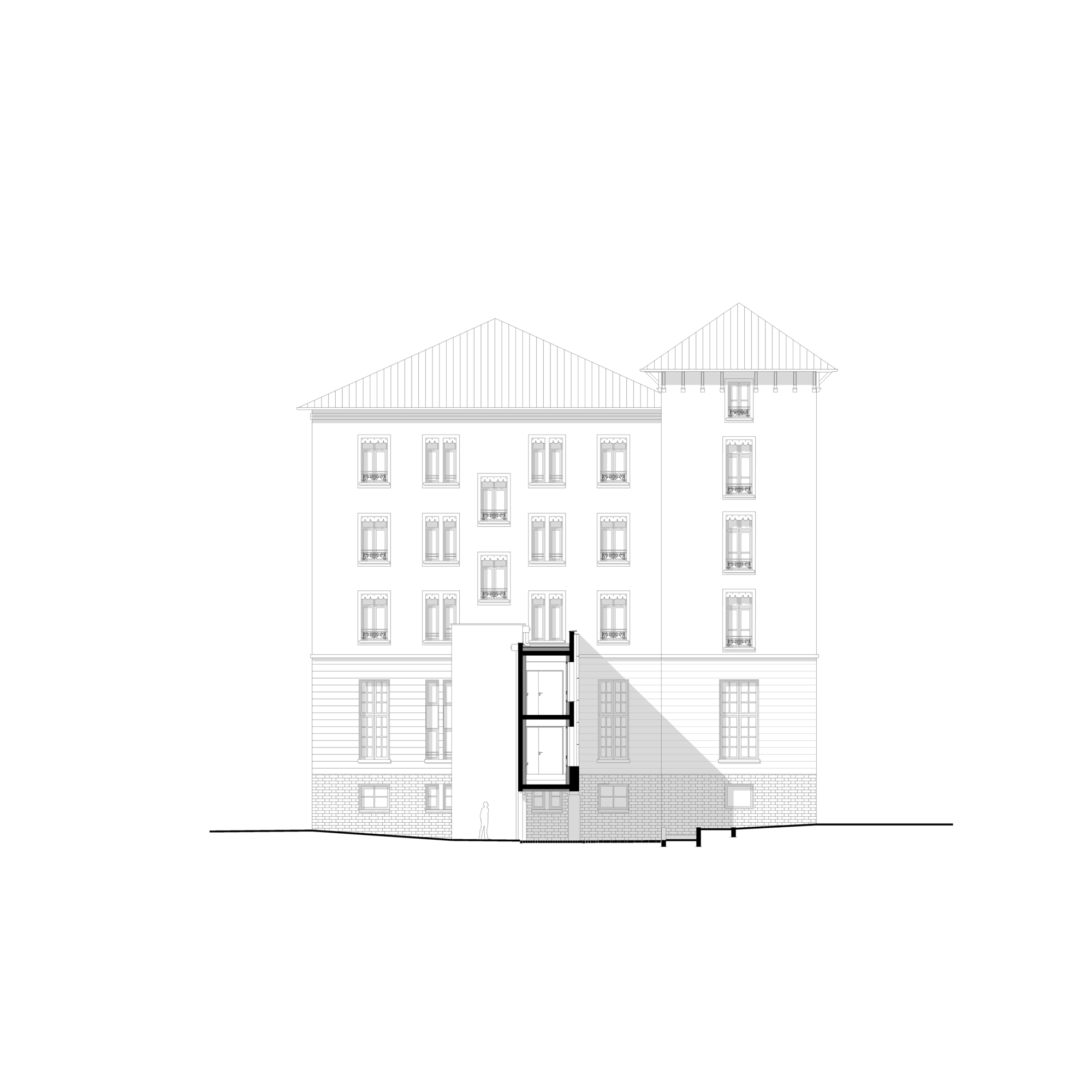 Elevation drawing showing the new timber volume inserted between the stone base and upper tower