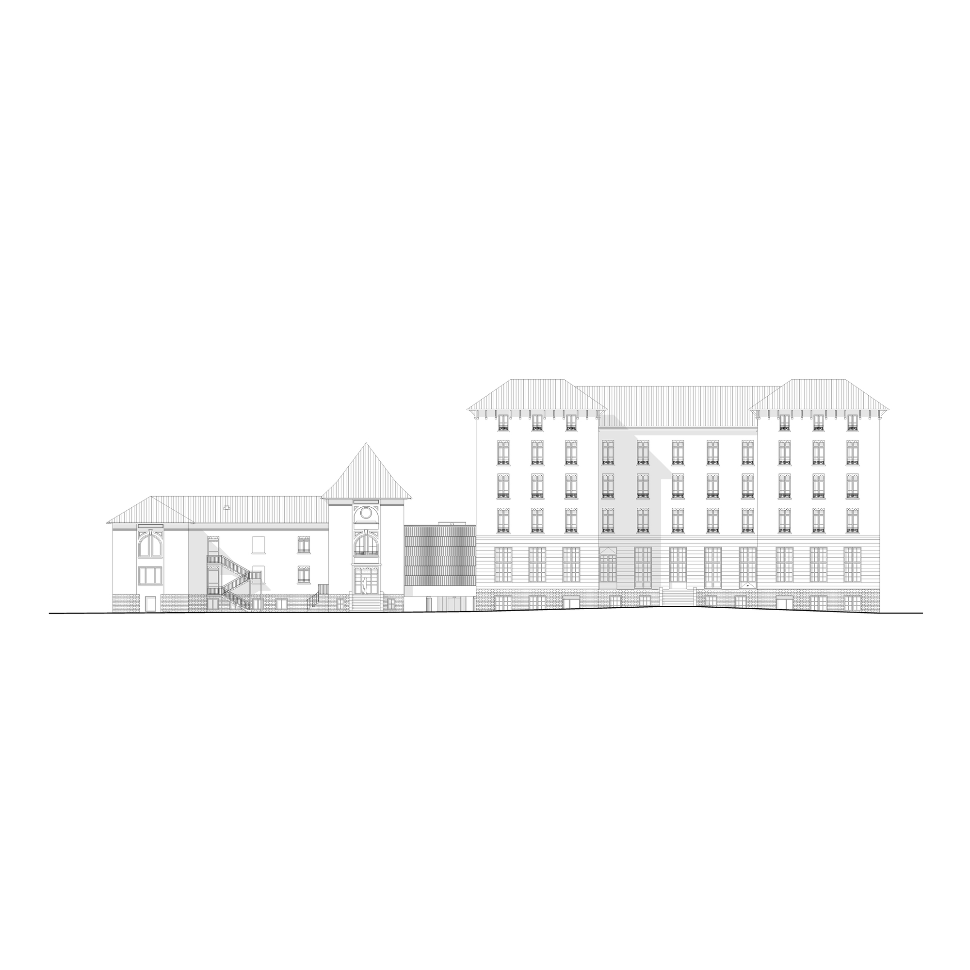 Elevation drawing showing the full complex from chapel to main tower with the intervention highlighted