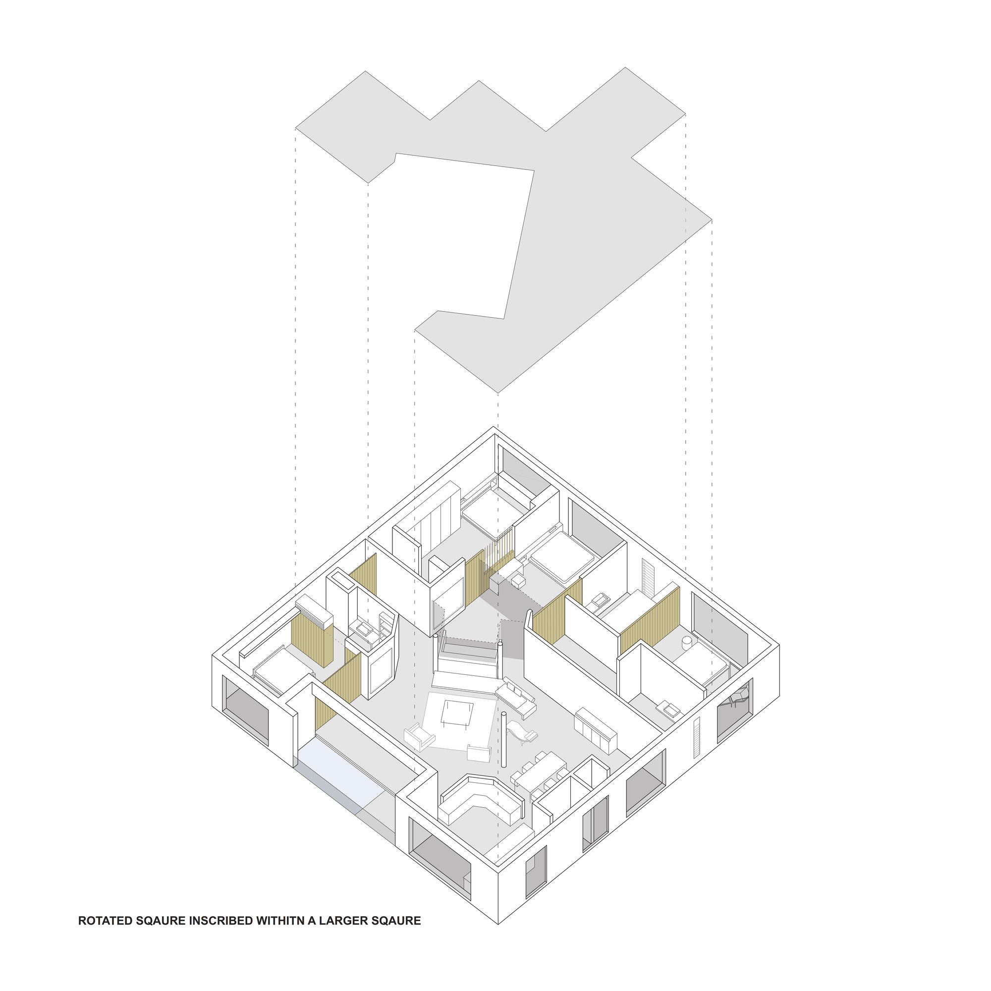 Axonometric drawing showing a rotated square floor plan with central stair and scattered yellow storage volumes