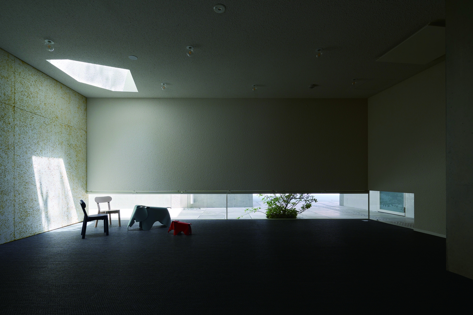 Dark carpeted room with skylight and horizontal window slot illuminating the textured wall surface