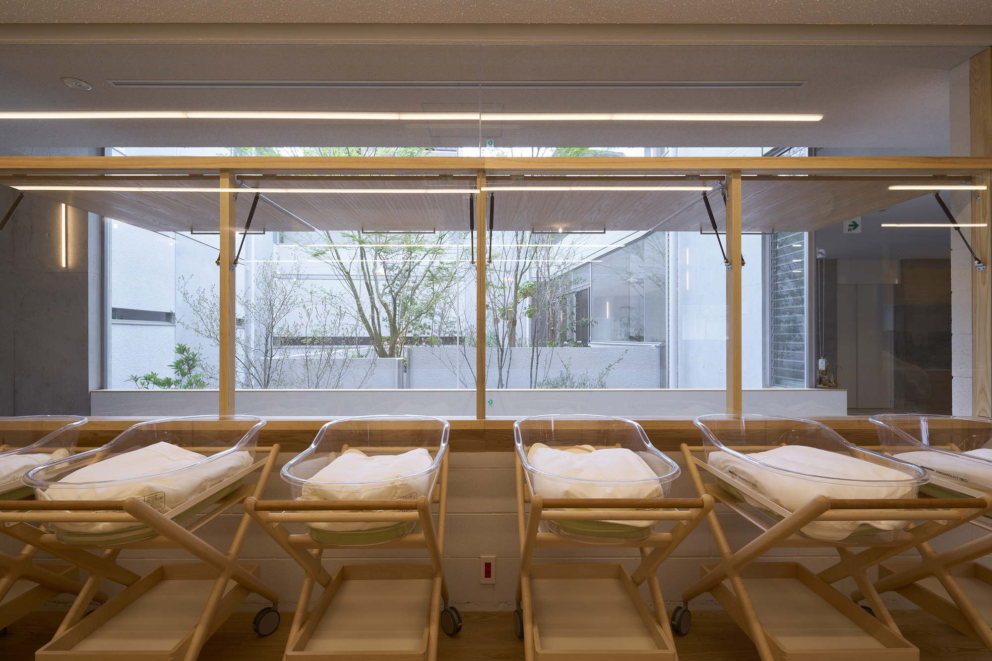Row of timber-framed infant bassinets overlooking an interior courtyard with trees through glazed wall