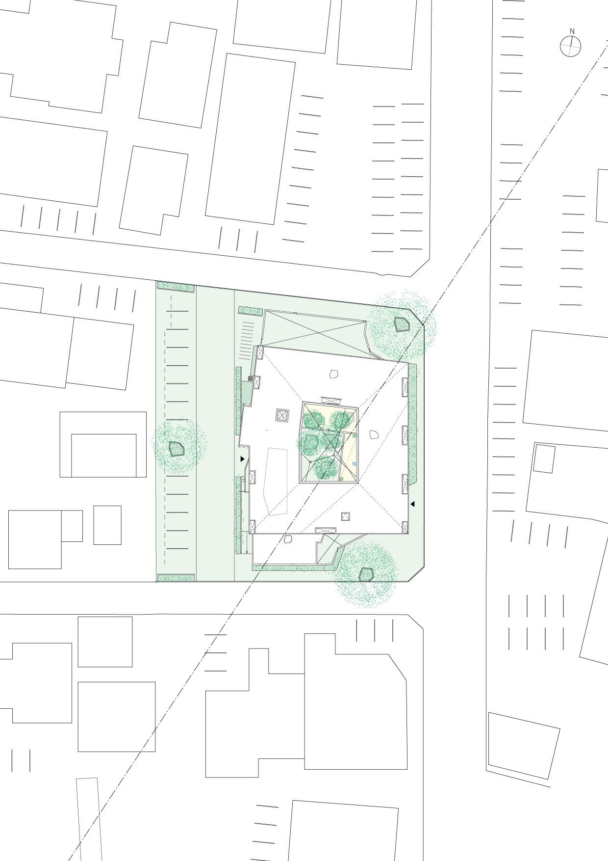 Site plan drawing showing a corner lot with central courtyard and surrounding planted zones and street parking