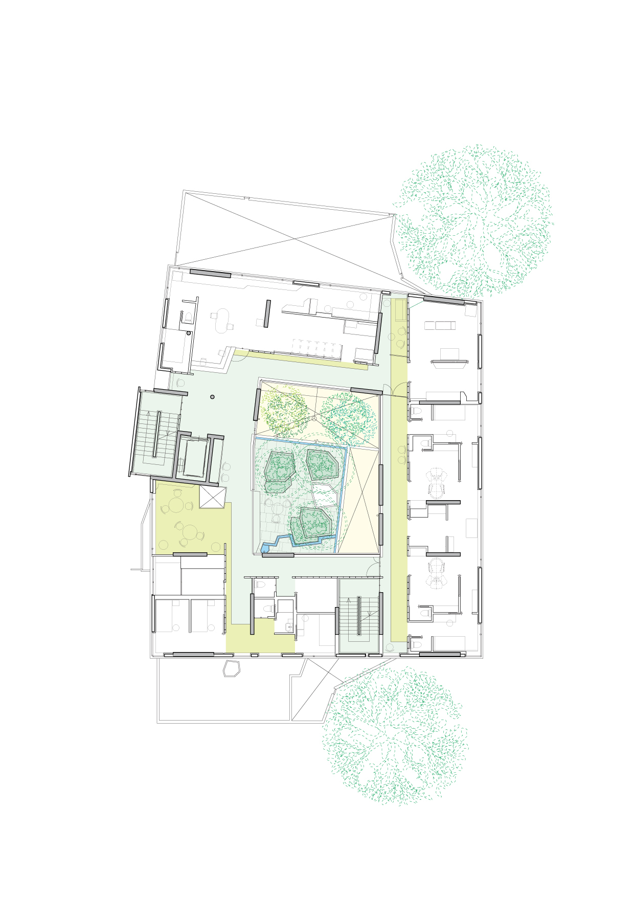 Floor plan drawing showing rooms arranged around a central courtyard with trees and paved paths
