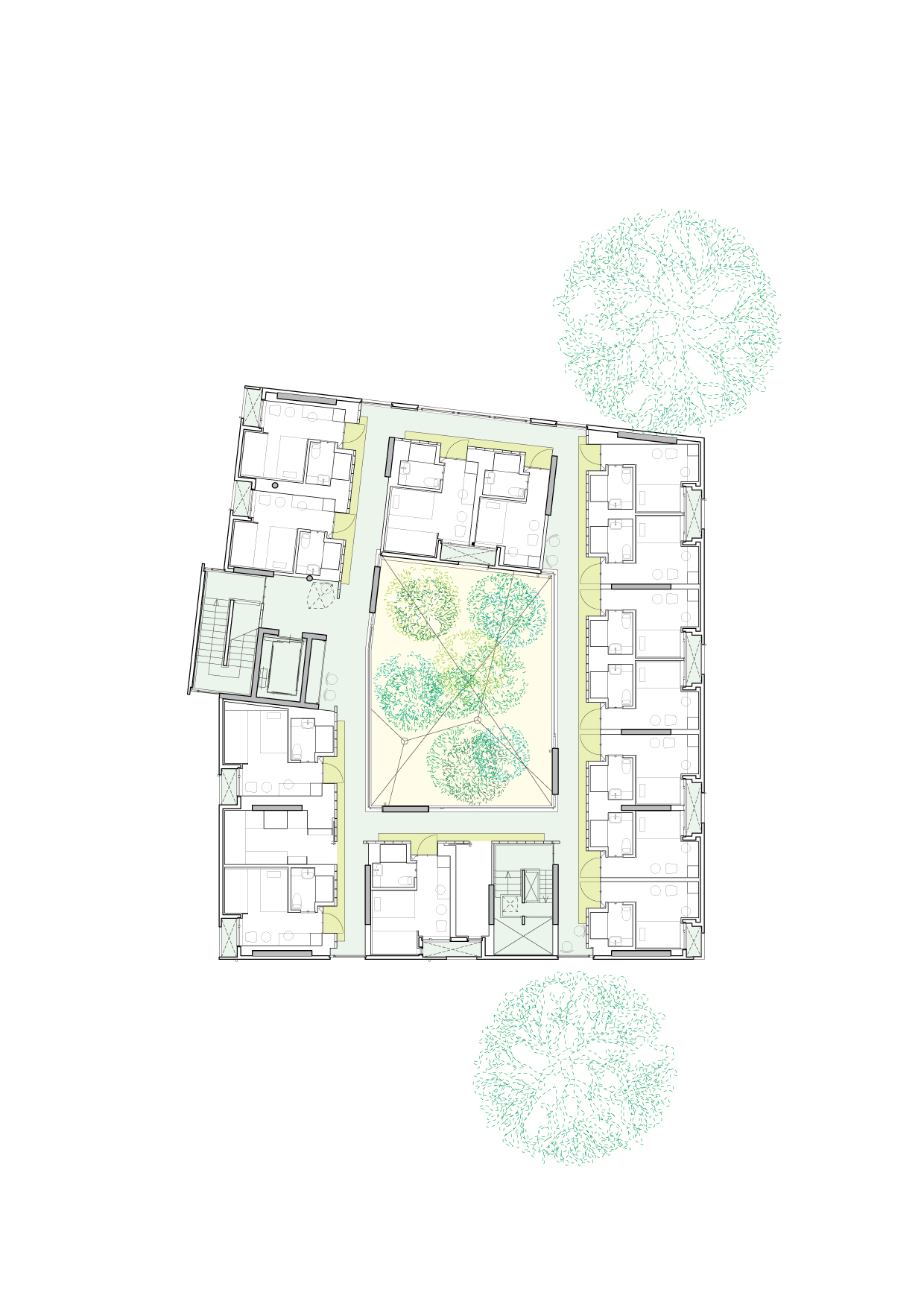 Floor plan drawing showing residential units flanking a central courtyard with clustered trees