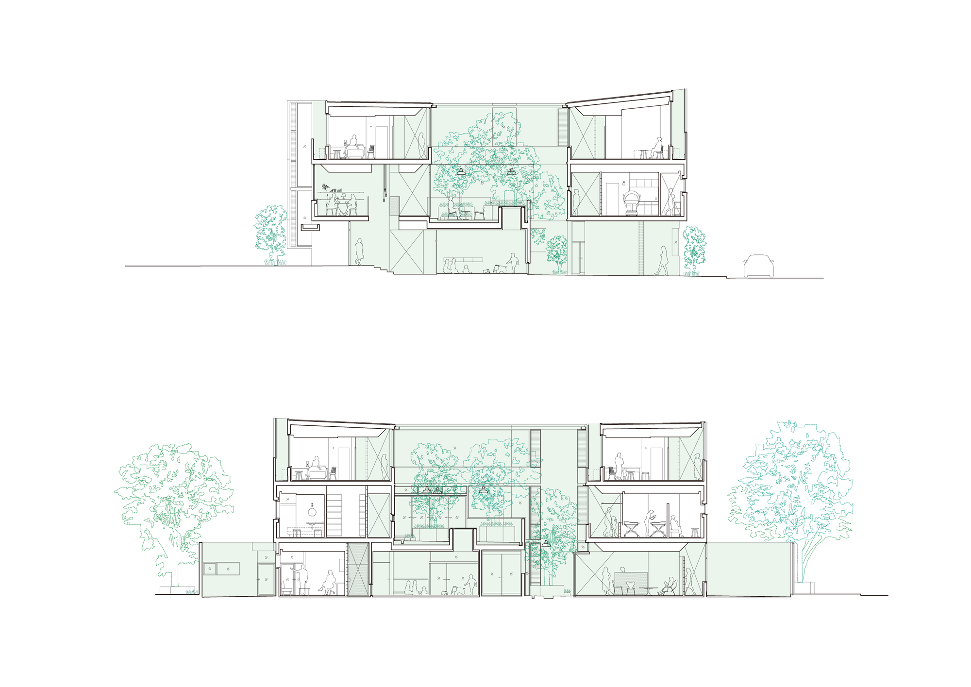 Section drawings showing multi-level interior spaces with central courtyard trees and planted terraces