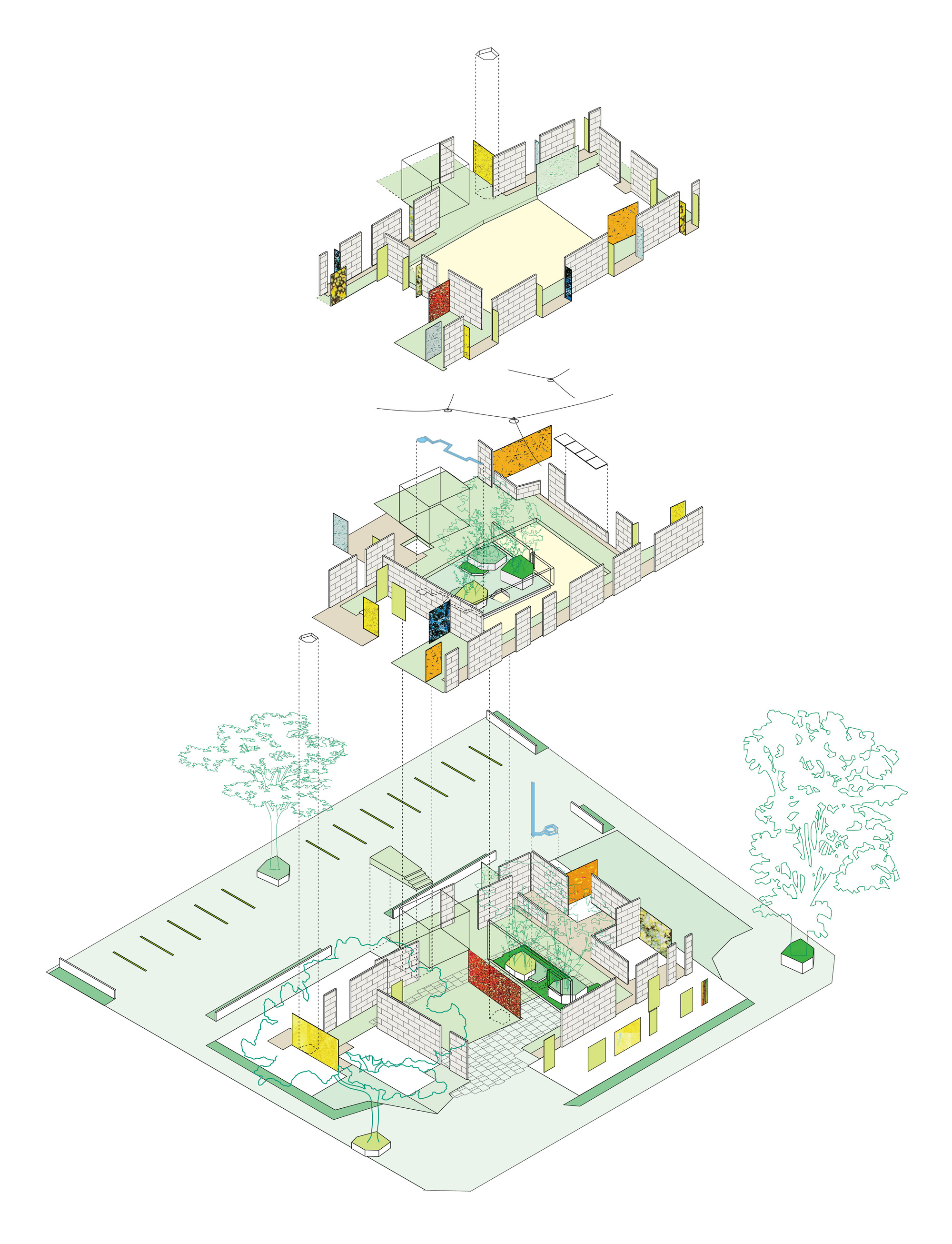 Exploded axonometric drawing revealing three floor levels with courtyards and colored accent panels