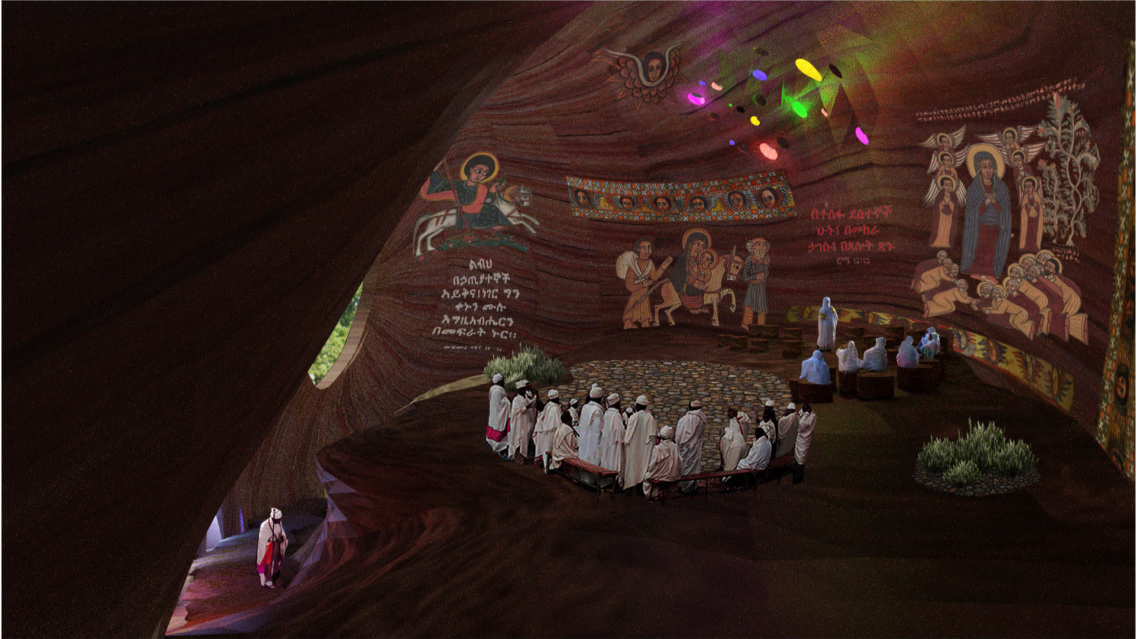Main prayer hall featuring murals, natural light openings, and communal gathering arrangement.