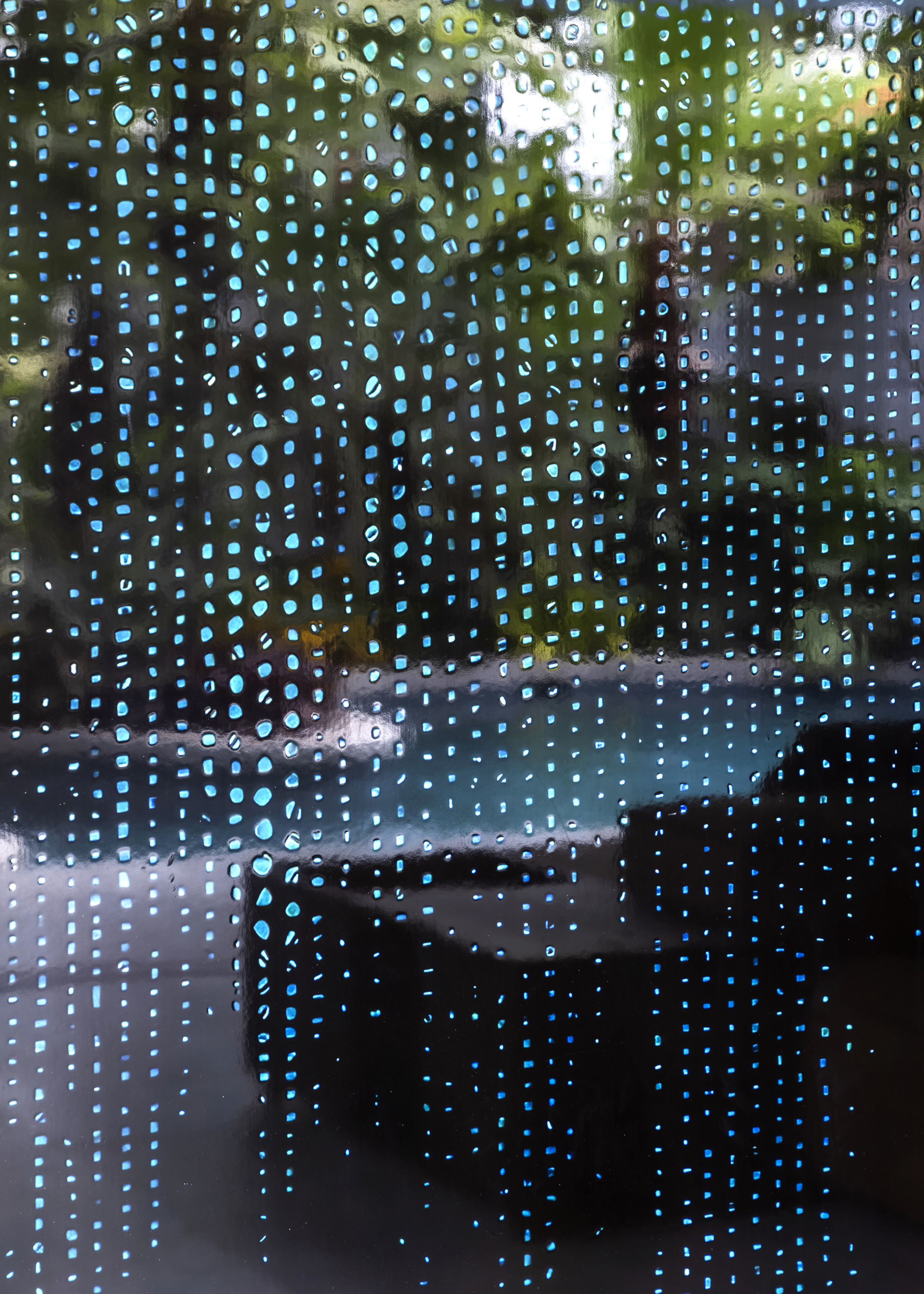 Close-up of perforated metal screen with blurred garden foliage visible through the pattern