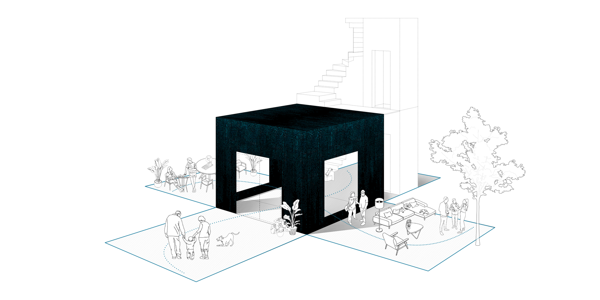 Axonometric drawing showing a dark cubic volume with openings surrounded by outdoor terraces and figures