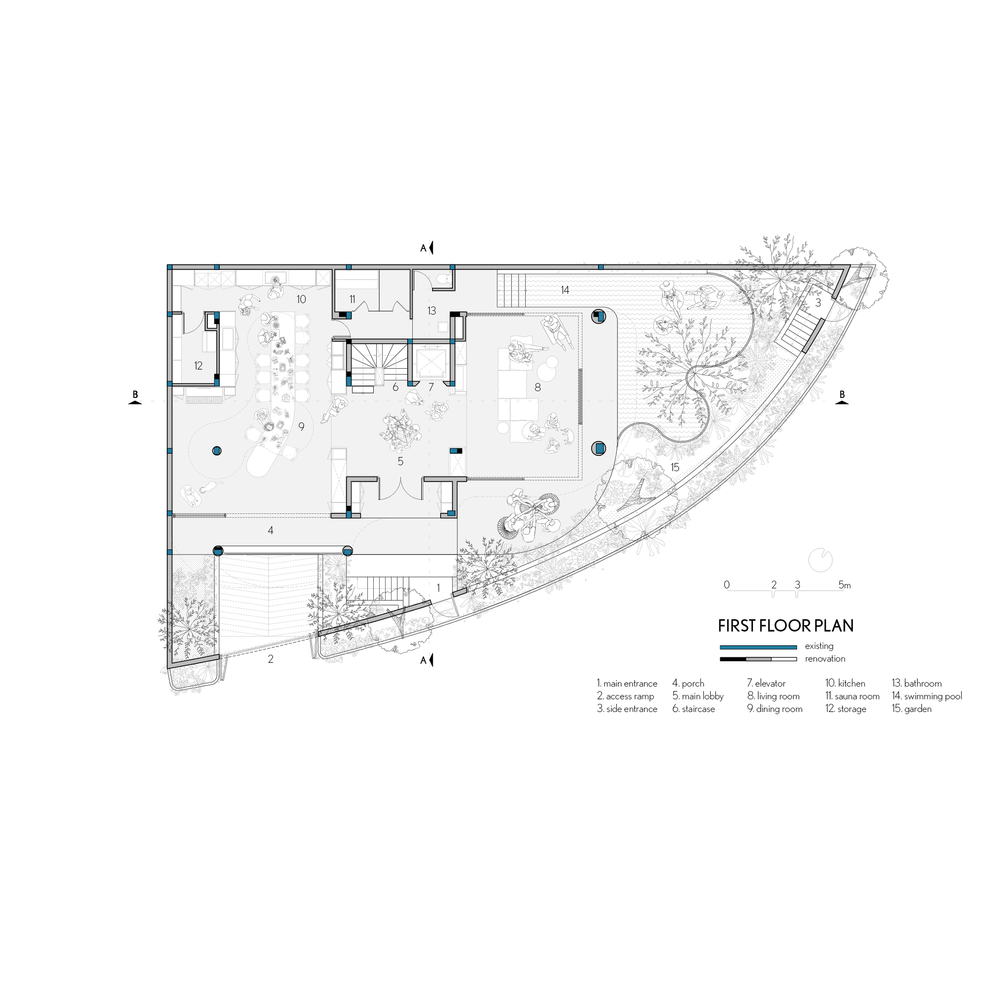 First floor plan drawing showing living spaces, void, and triangular garden with pool and trees