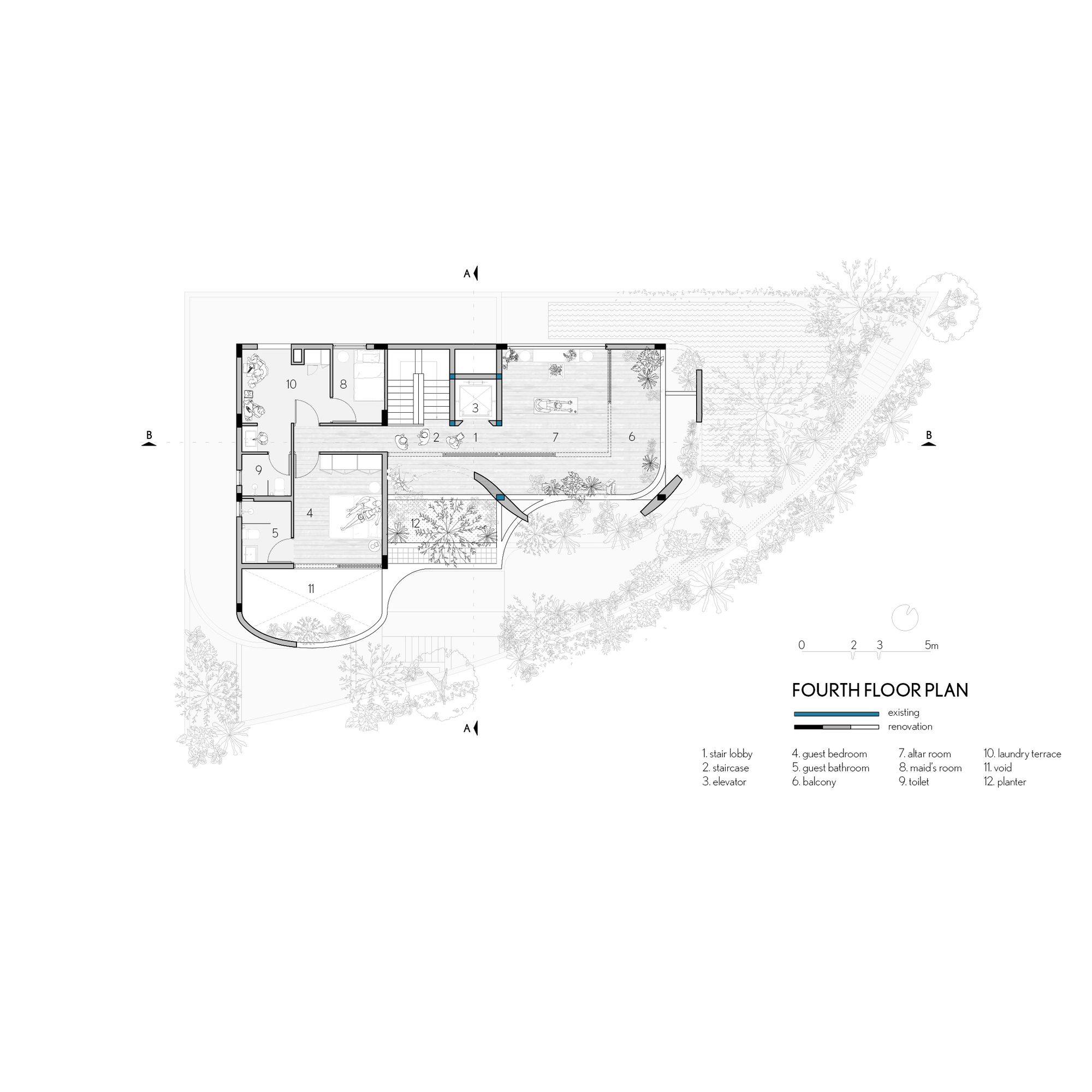 Fourth floor plan showing bedrooms, balcony, and laundry arranged around an internal courtyard with trees
