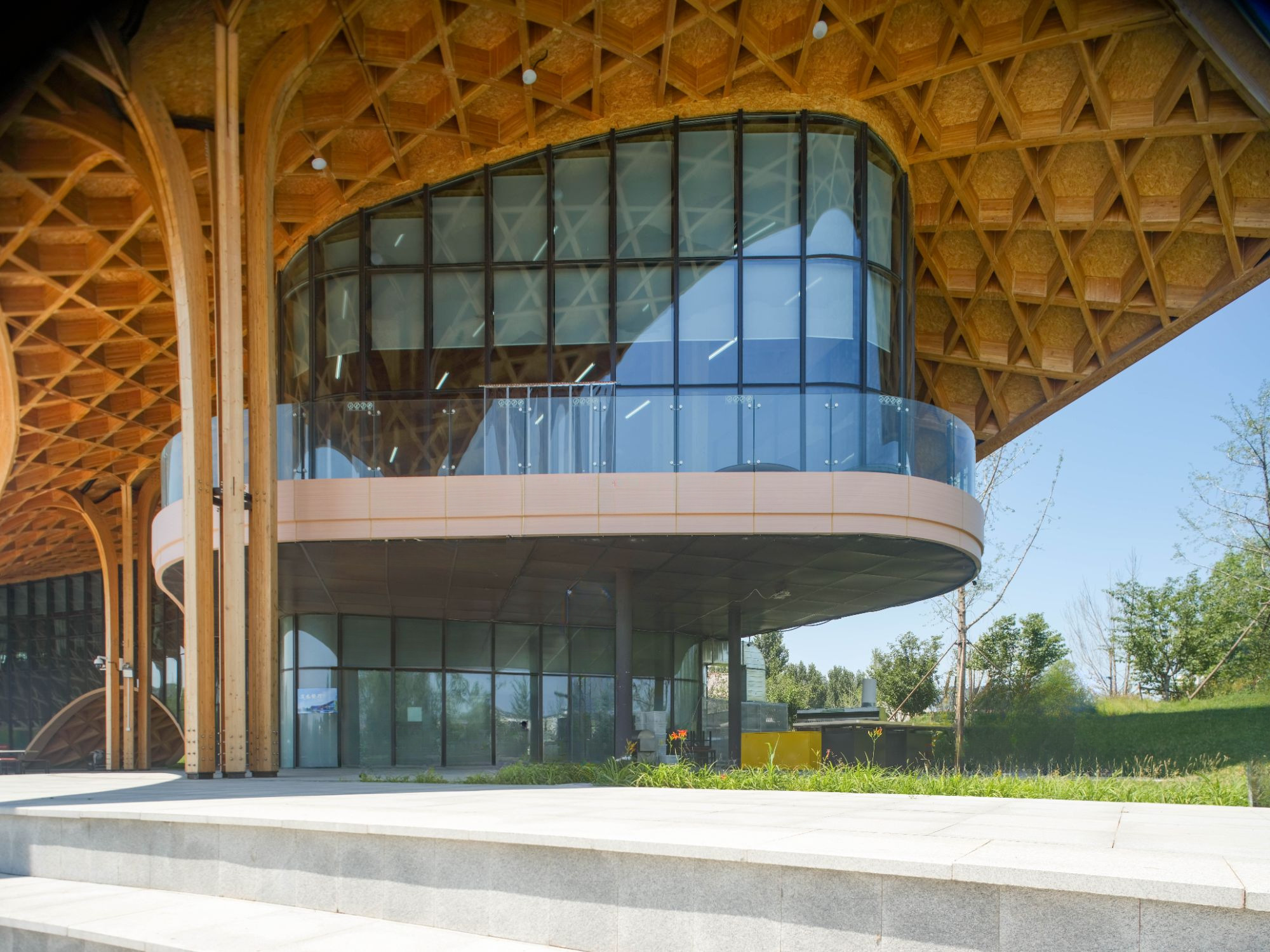 Curved glass facade and cantilevered terrace beneath the triangulated timber lattice ceiling in bright daylight