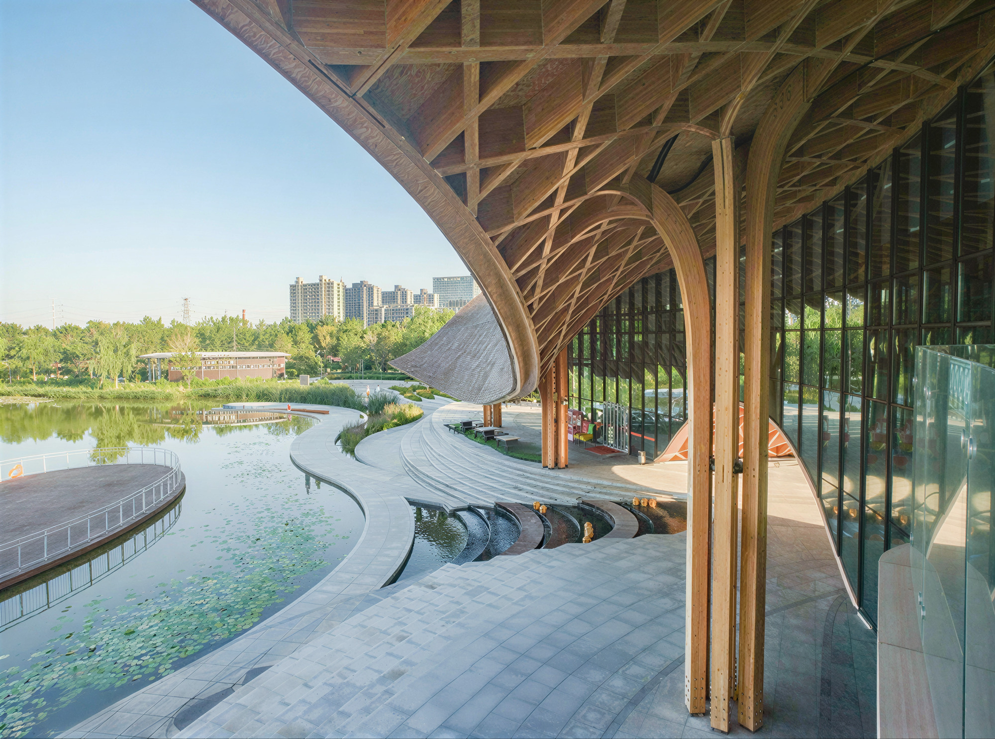 Covered terrace with timber columns and lattice roof overlooking a shallow reflecting pool and planted landscape