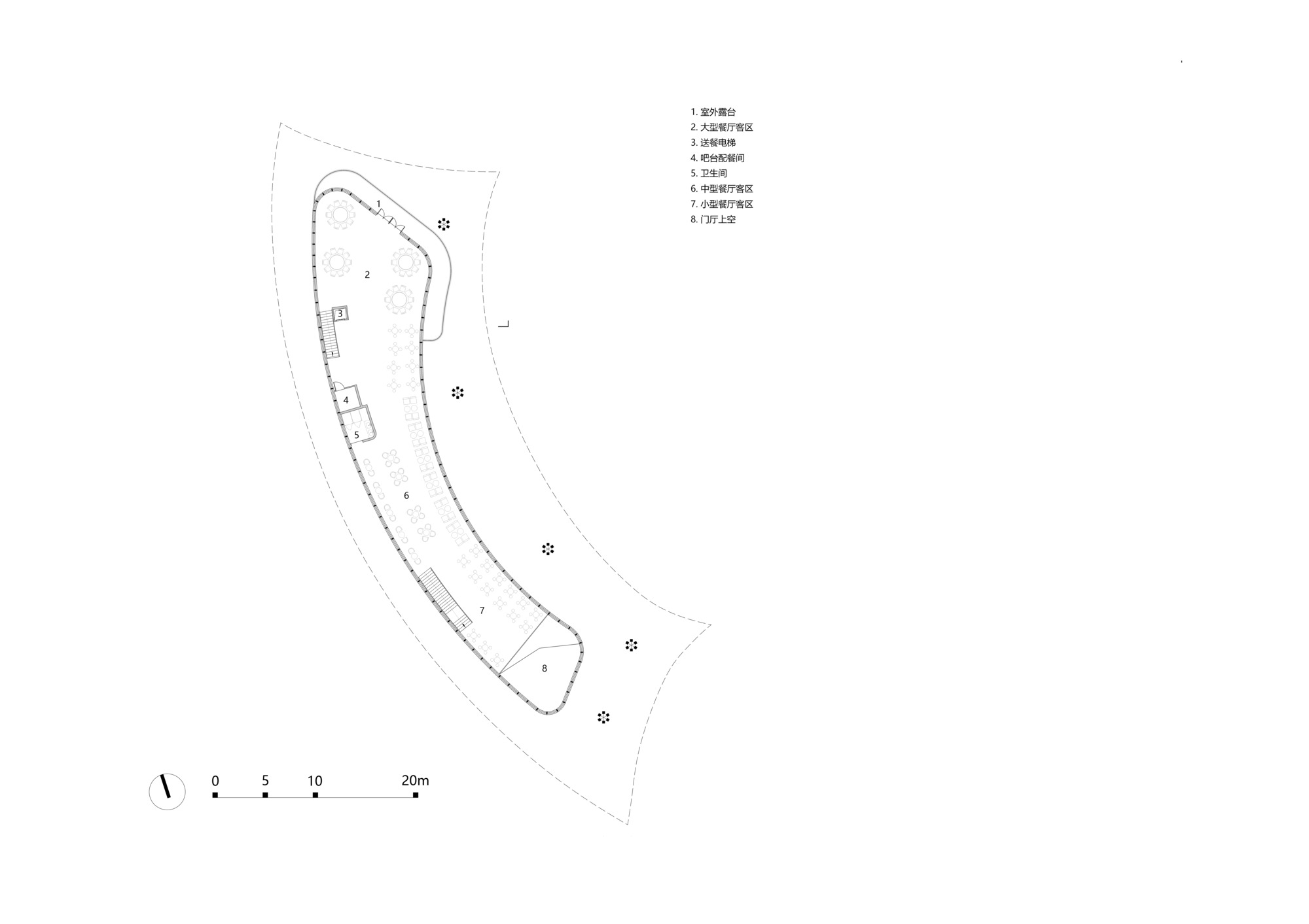 Floor plan drawing showing a curved linear volume with rooms arranged along one side