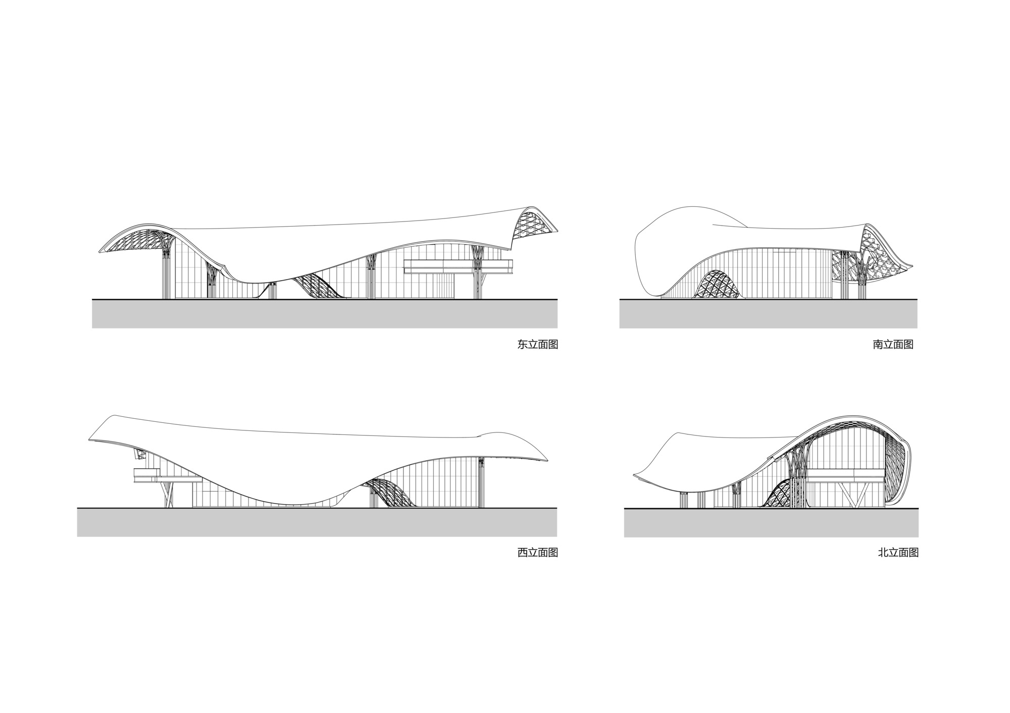 Elevation drawings showing four facades with undulating roof forms and vertical fenestration patterns