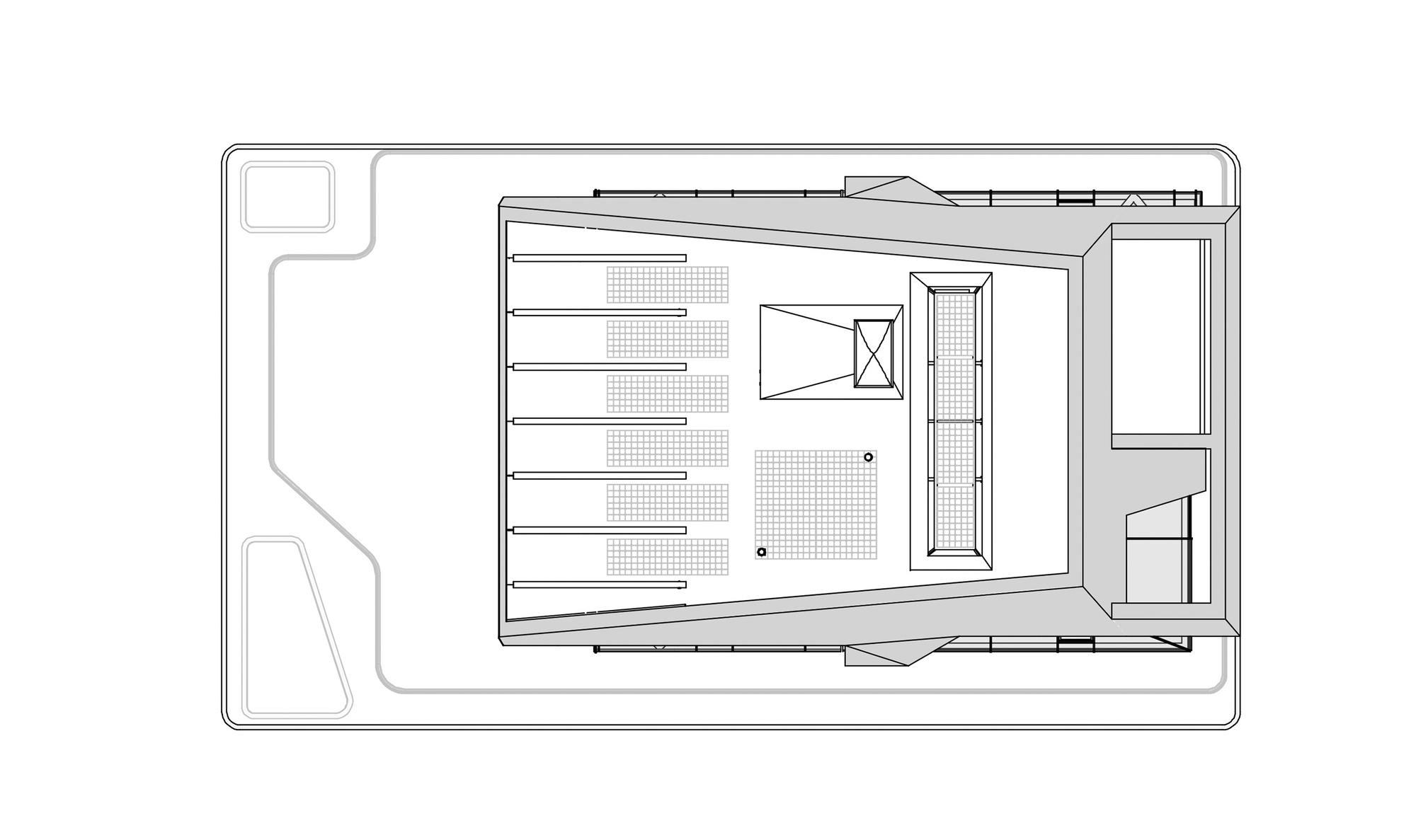 Roof plan drawing showing parallel louver elements and a skylight over the central courtyard