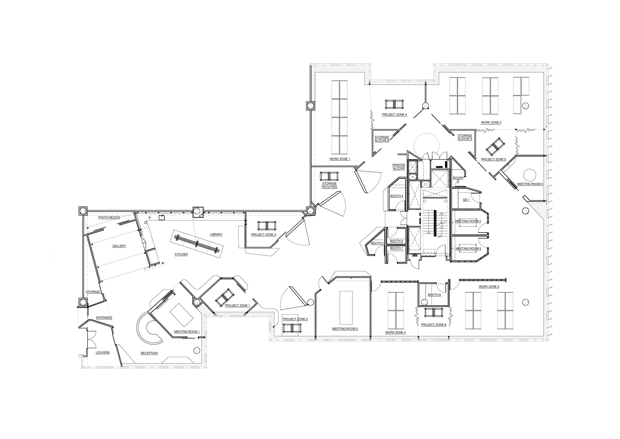 Floor plan drawing showing angled rooms and workspaces organized around a central circulation core