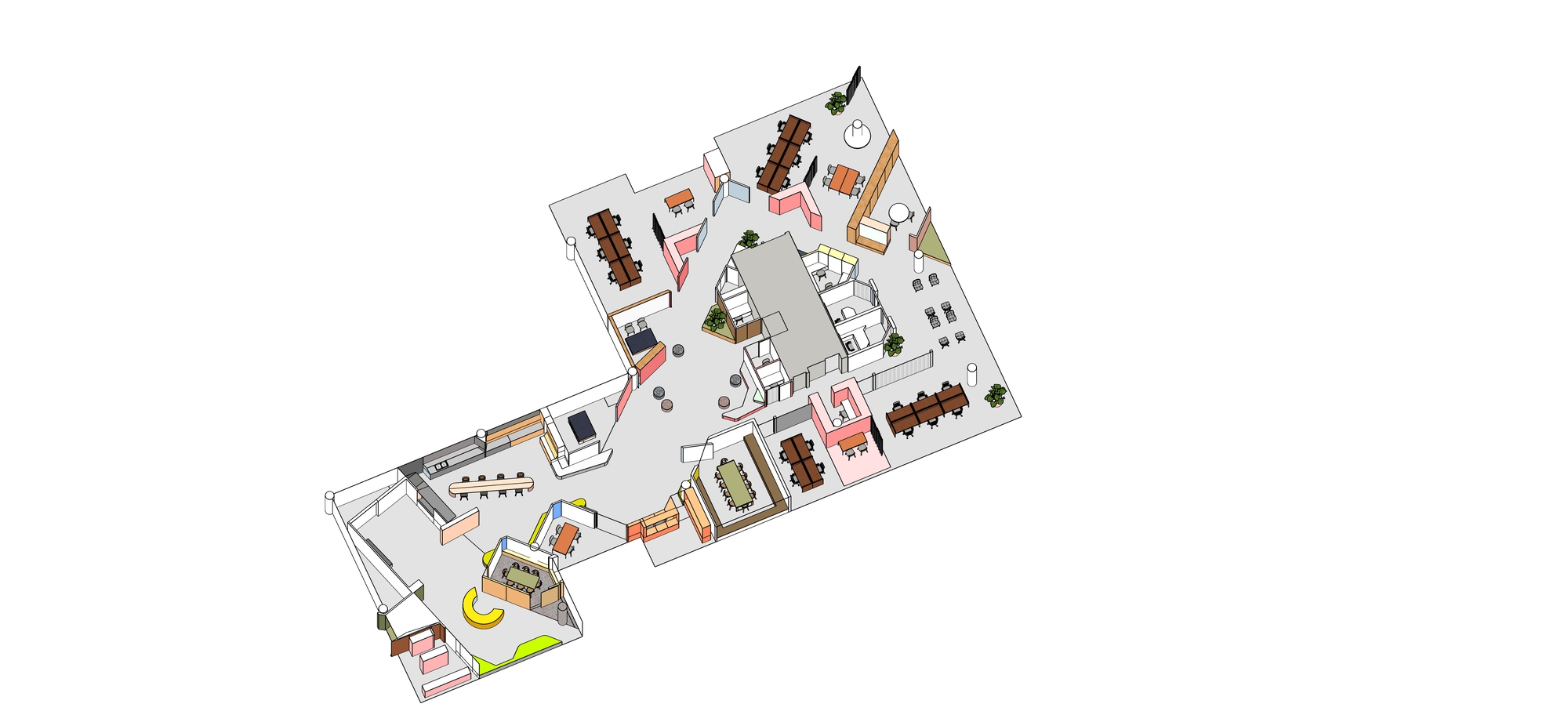 Axonometric drawing showing furniture layout and material zones across two connected rectangular volumes