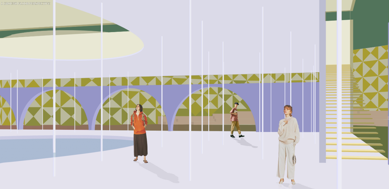 Courtyard perspective emphasizing human interaction within a climate-responsive shell