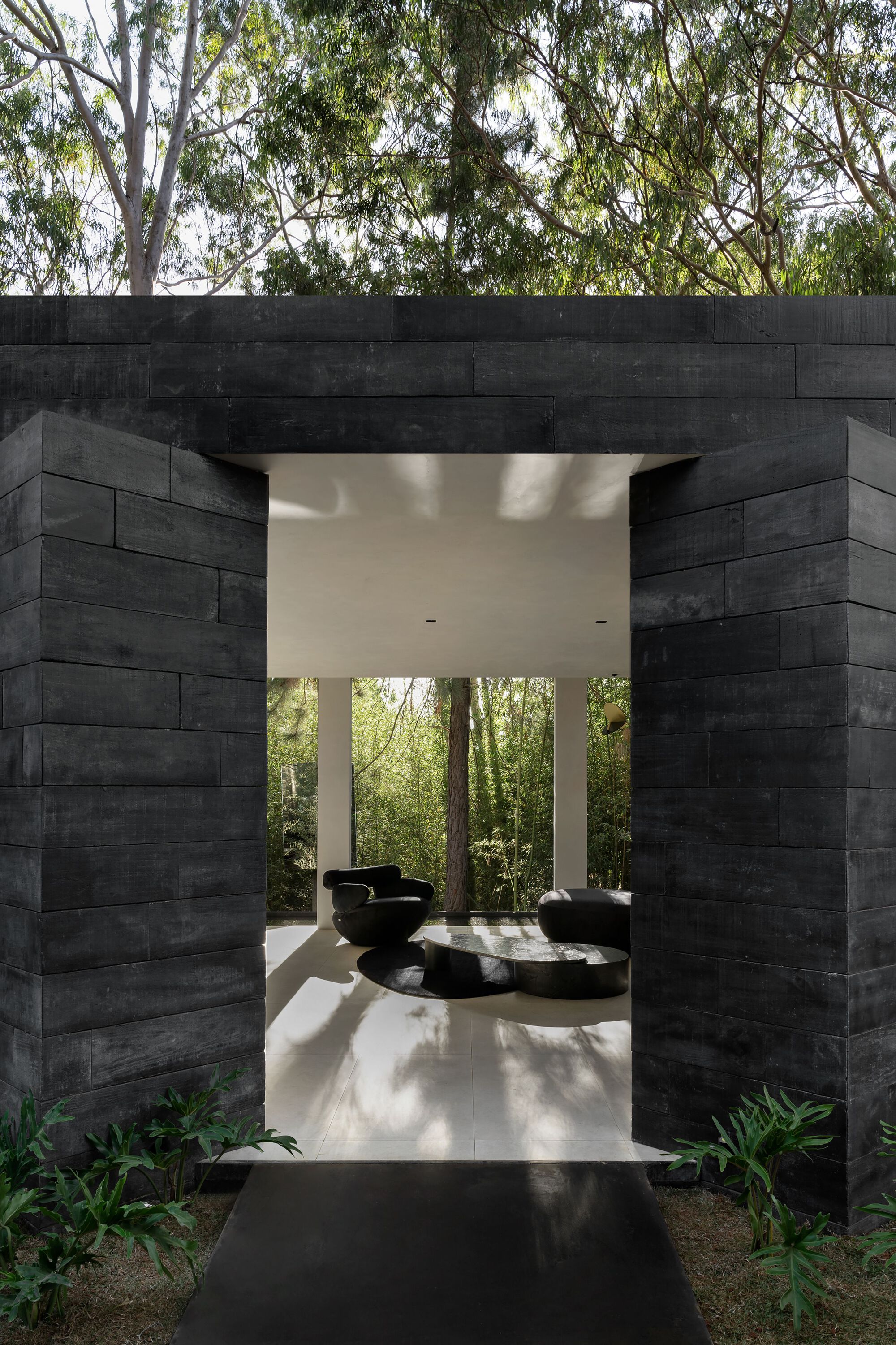 Frontal view of the blackened timber portal framing an interior courtyard with sculptural seating