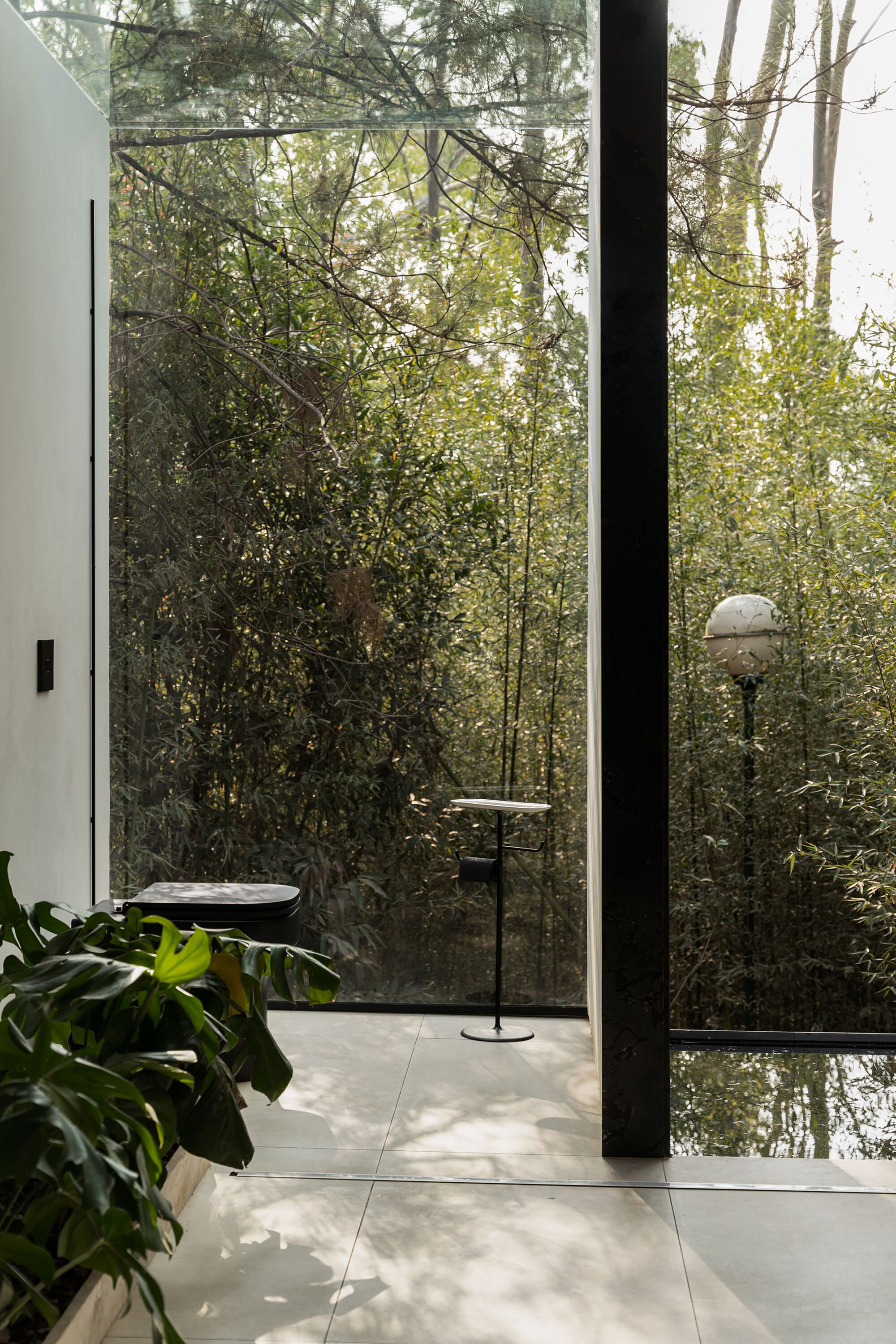 Floor-to-ceiling glazing opening to a forested landscape with afternoon light filtering through the trees