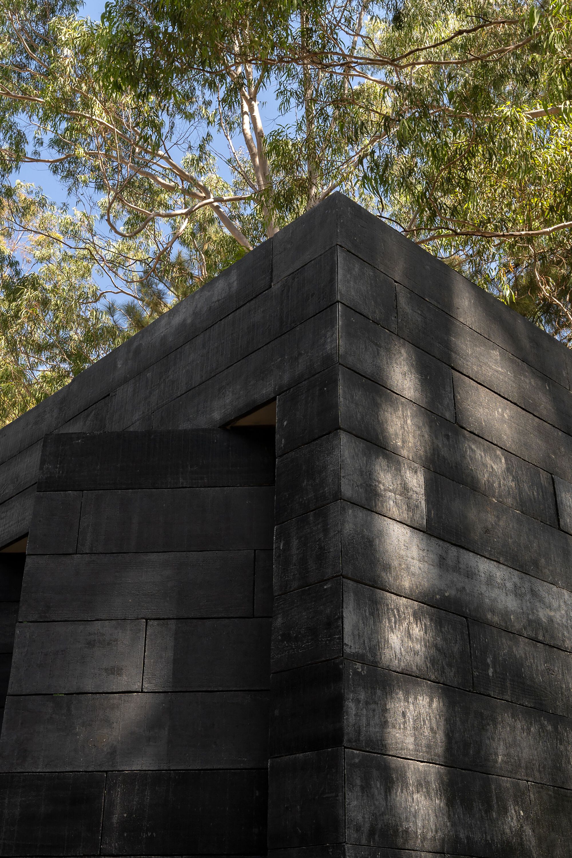 Corner detail of charred timber board cladding with dappled tree shadows cast across the blackened surface