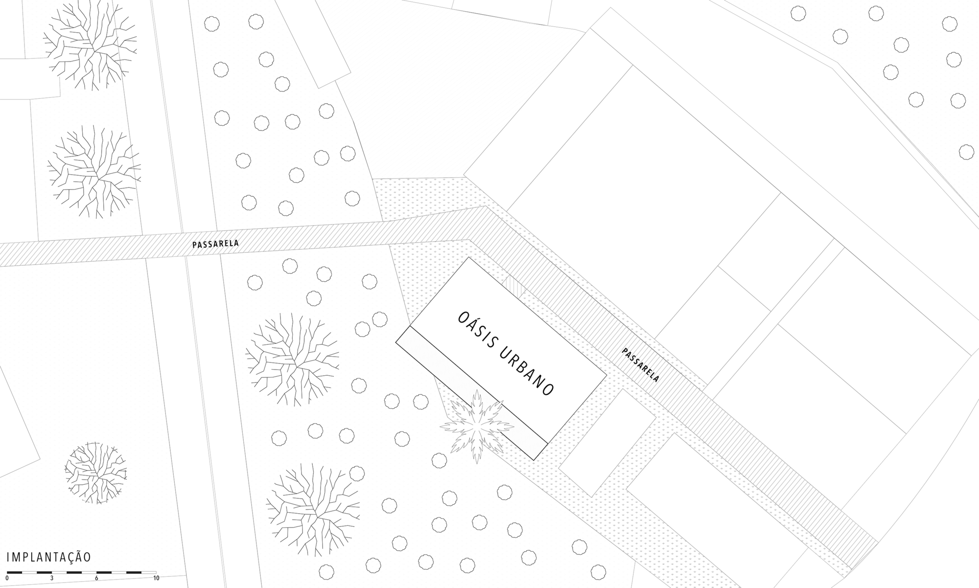 Site plan drawing showing the building footprint within surrounding landscape and street context with tree placements
