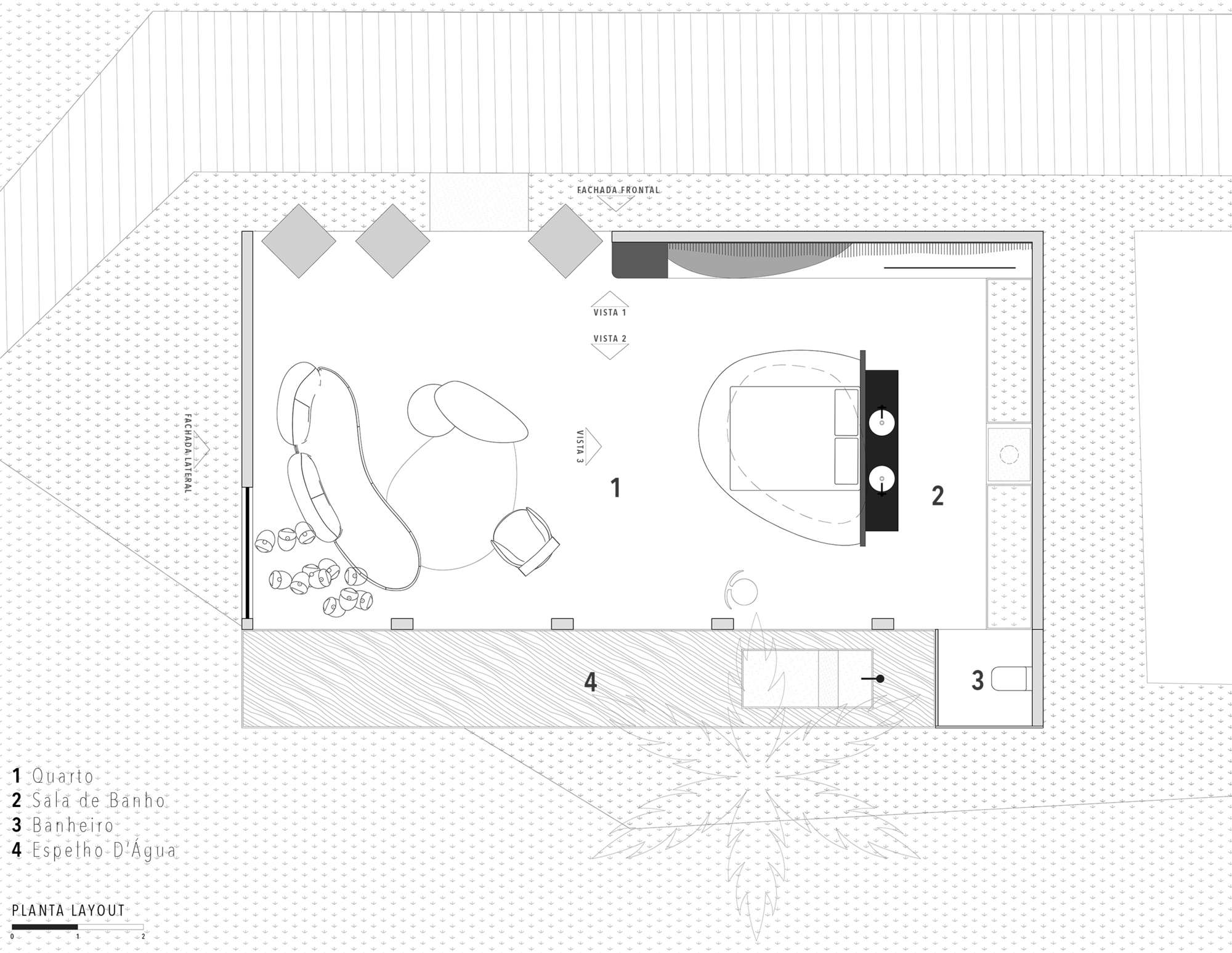 Floor plan drawing depicting four labeled zones including bedroom, bathroom, and water feature with furniture layouts