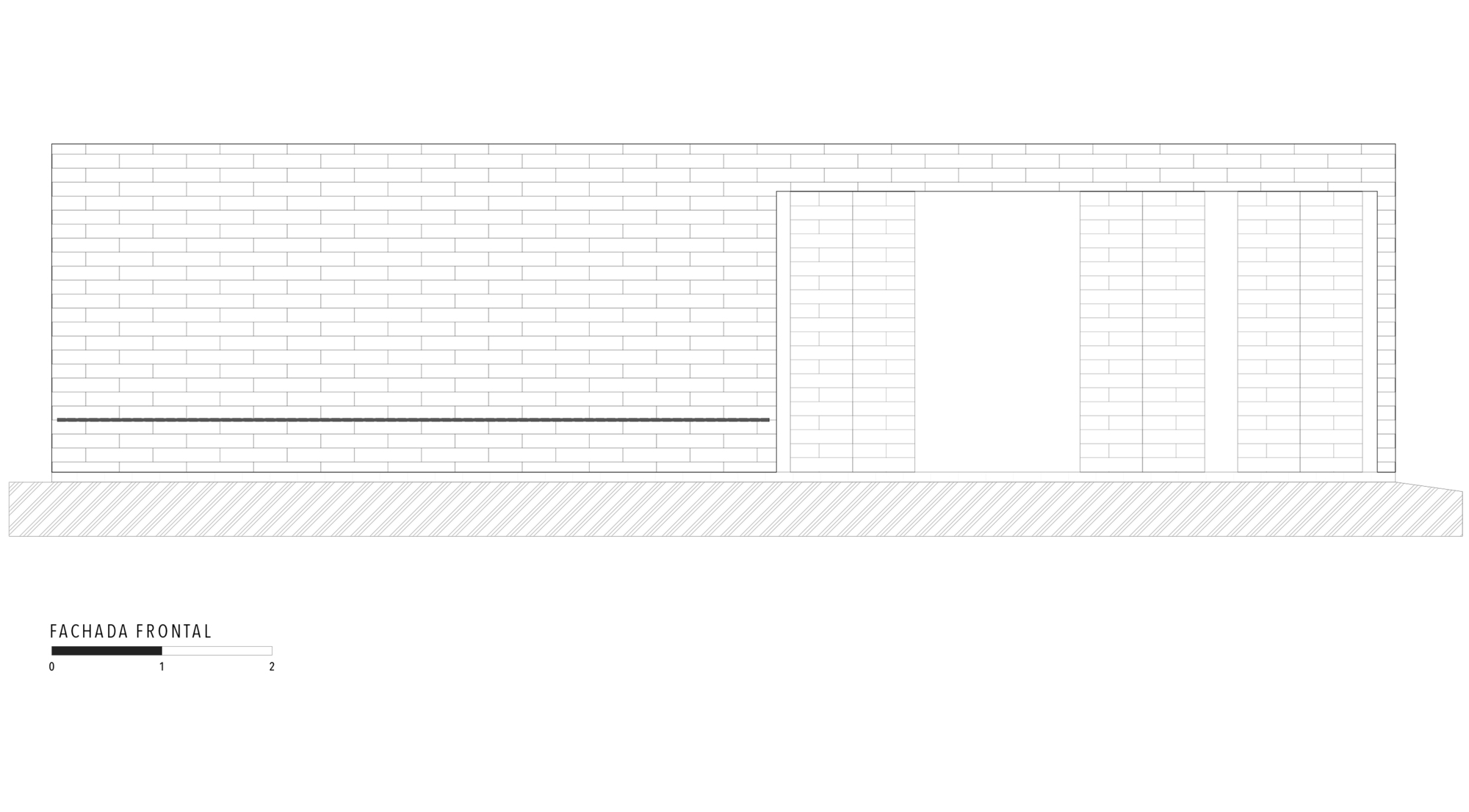 Front elevation drawing showing horizontal timber board wall and door opening with ground line indicated