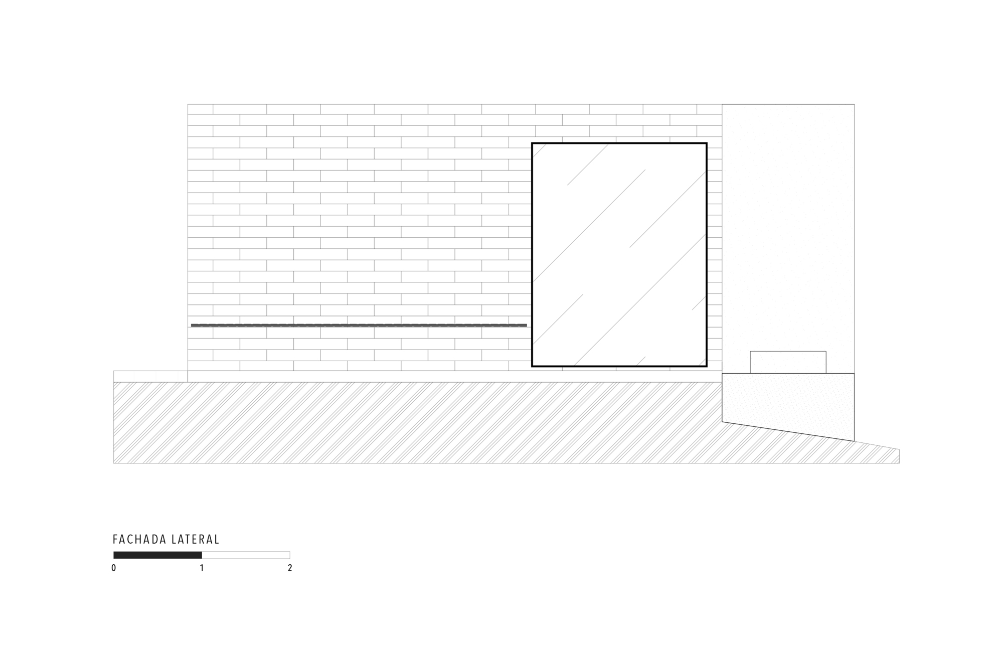 Lateral elevation drawing showing a brick wall with a recessed glazed opening above ground level