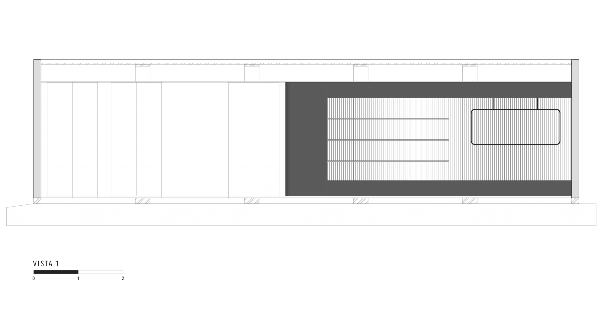 Elevation drawing showing a linear plan with a deck area and pool at one end