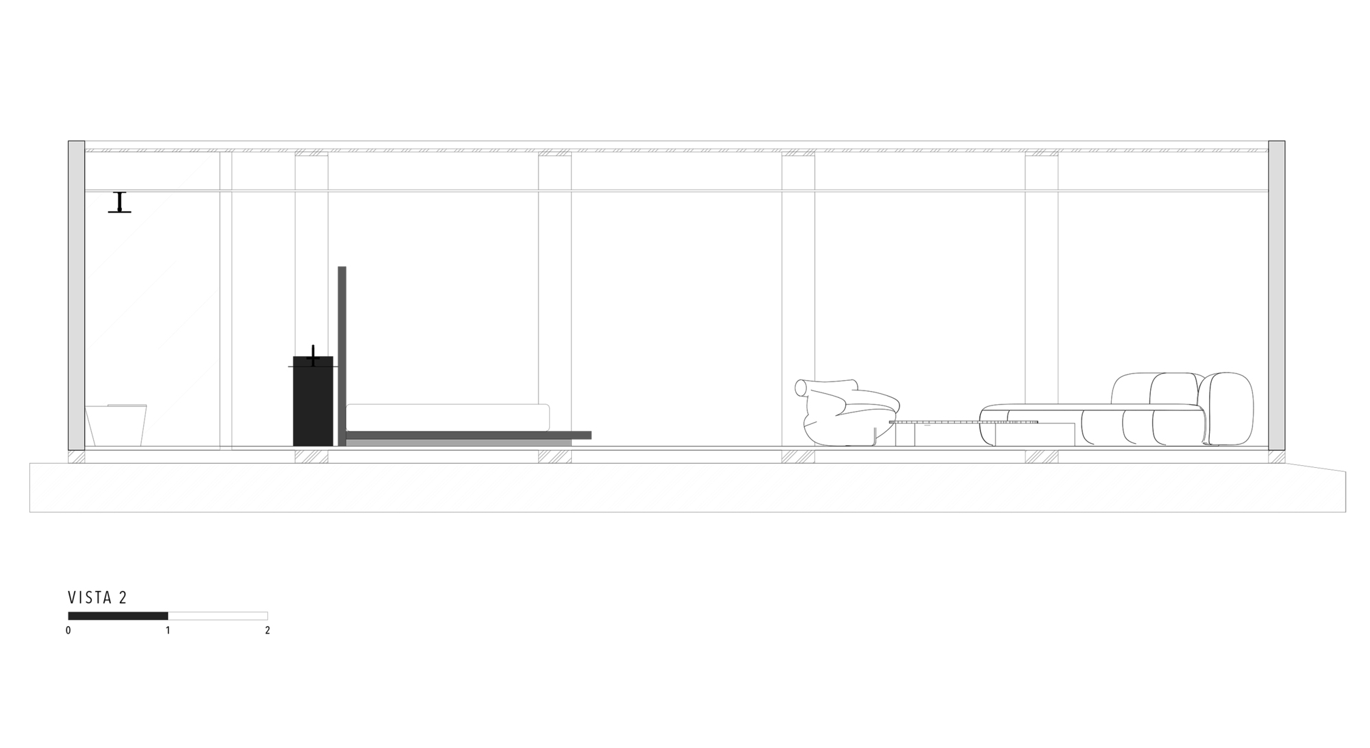 Interior elevation drawing depicting a living space with a fireplace and seating arrangement