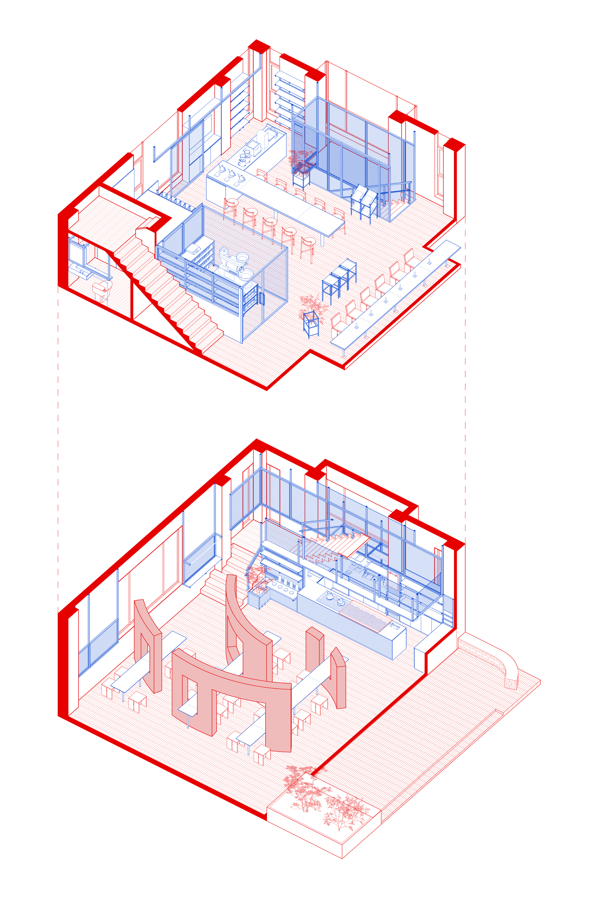 Axonometric drawing showing two levels with interior partitions, furniture layout and an exterior terrace