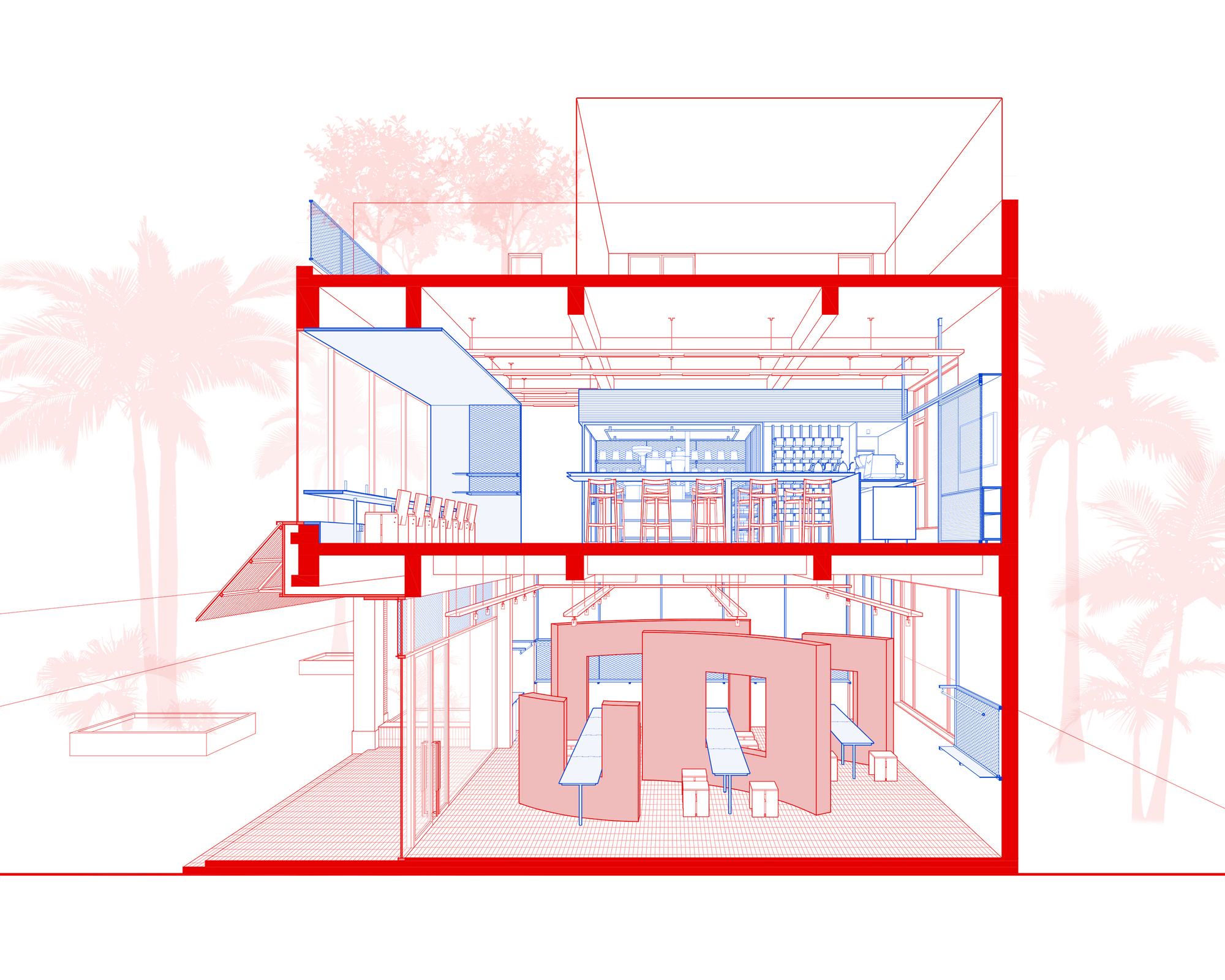 Section drawing showing a three-story residence with red structural frame and palm trees in the background