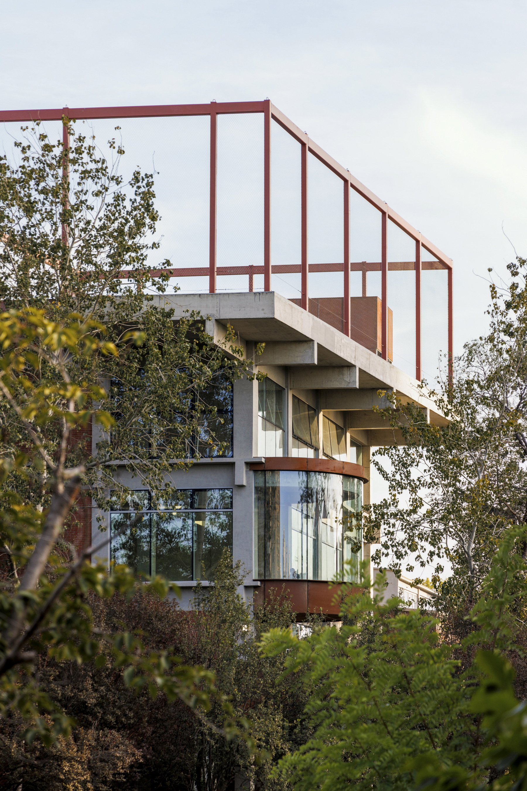 Angled view of the cantilevered staircase and red steel railing emerging above the tree canopy