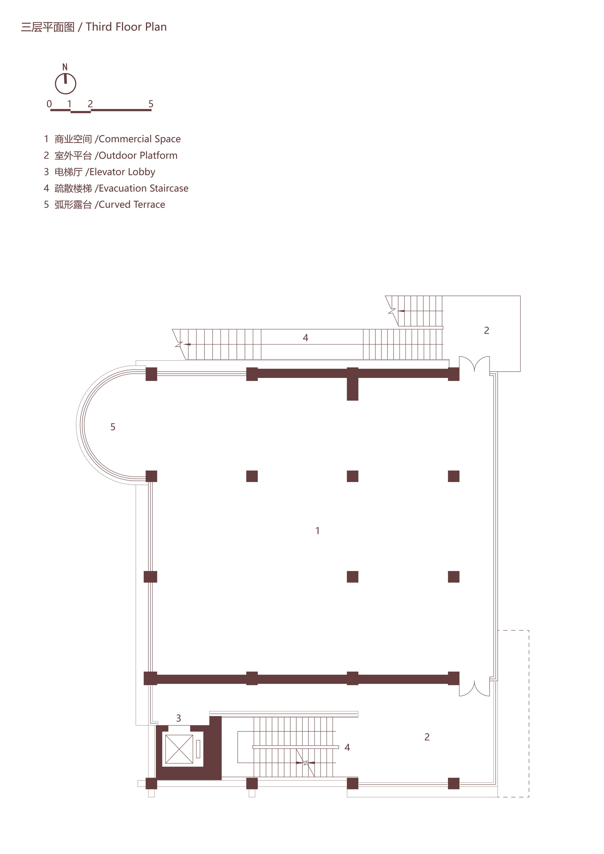 Third floor plan drawing showing commercial space with curved terrace and outdoor platform