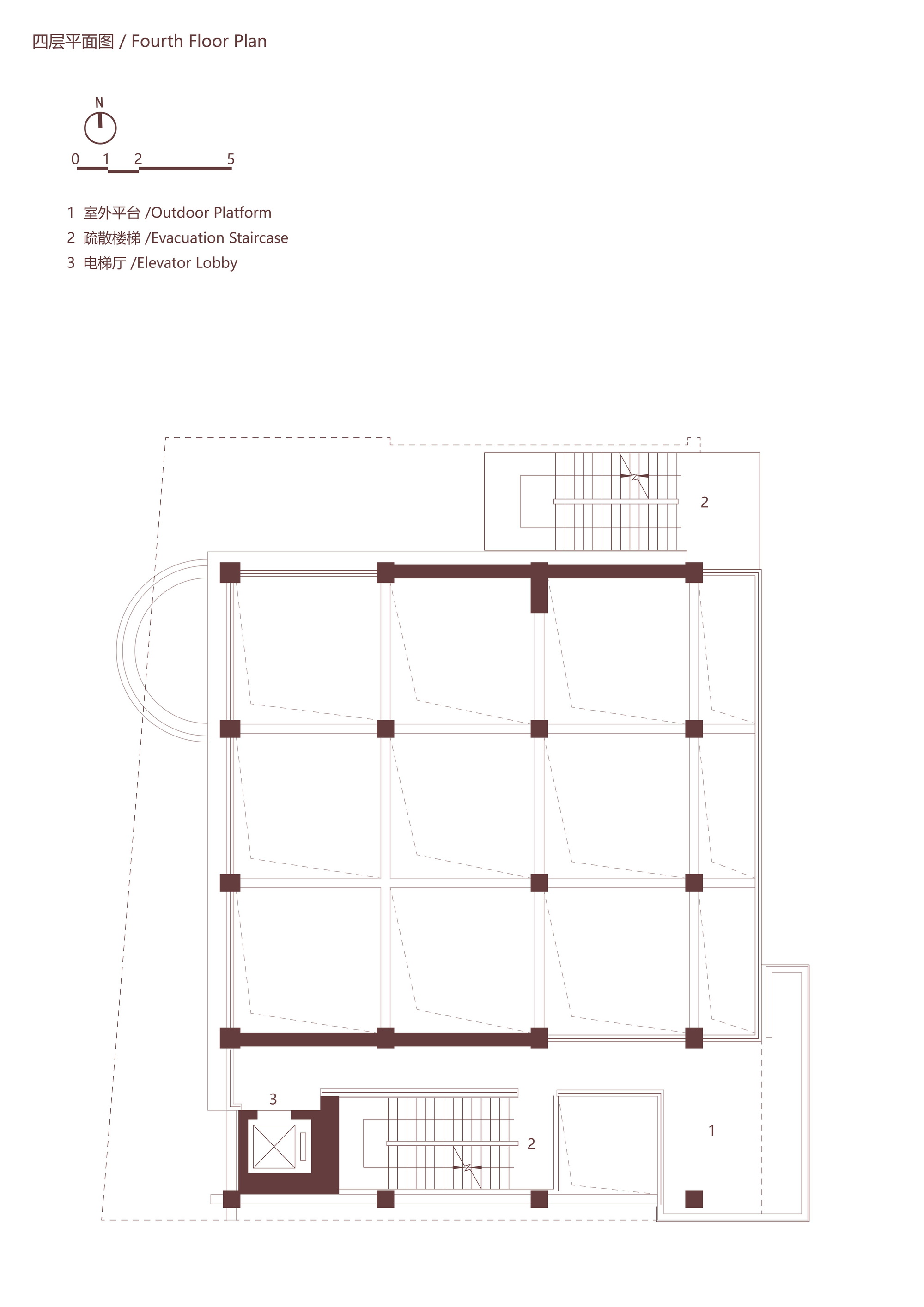 Fourth floor plan drawing showing outdoor platform with evacuation staircase and elevator lobby
