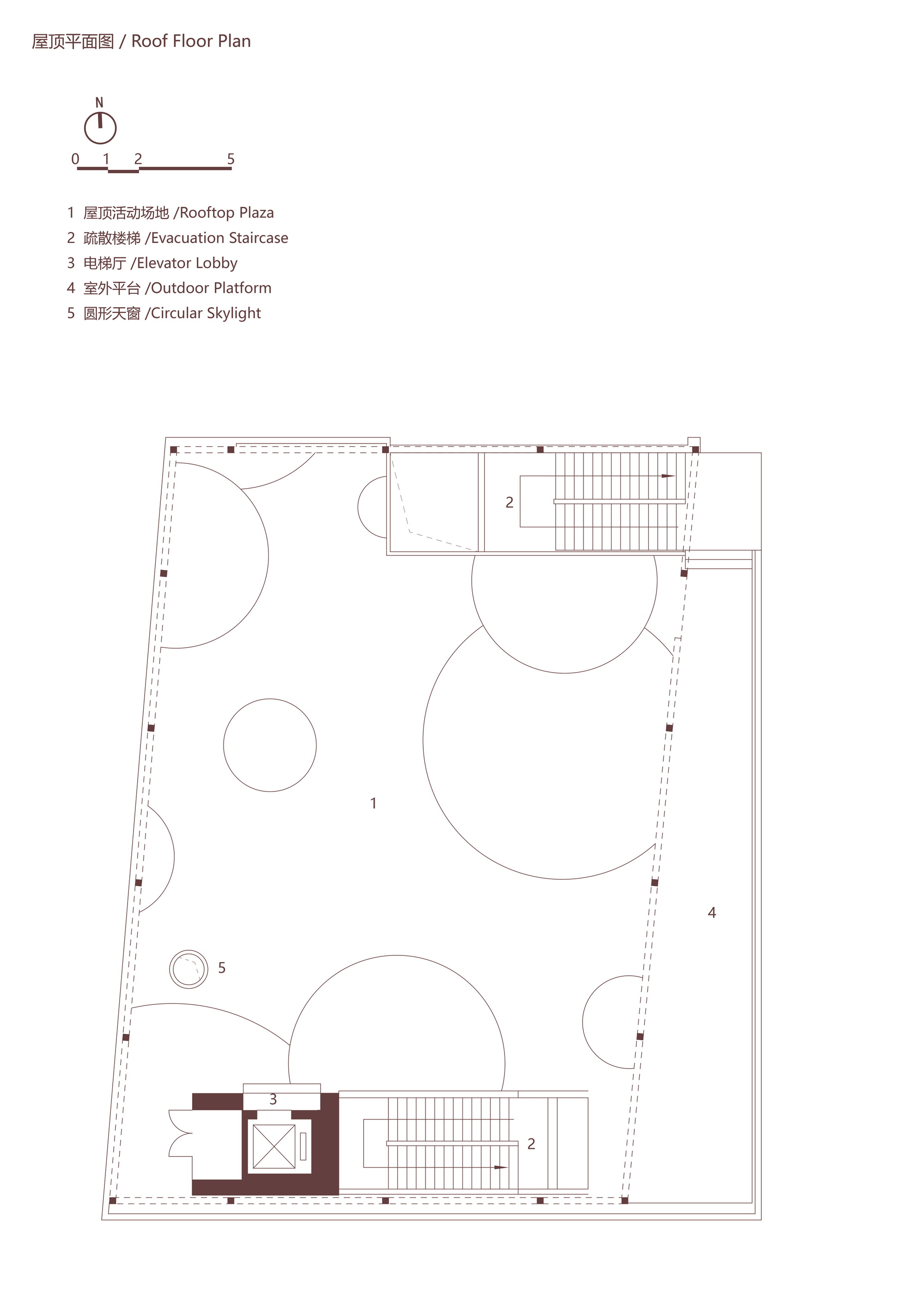 Roof plan drawing showing a rooftop plaza with circular skylights and an outdoor platform