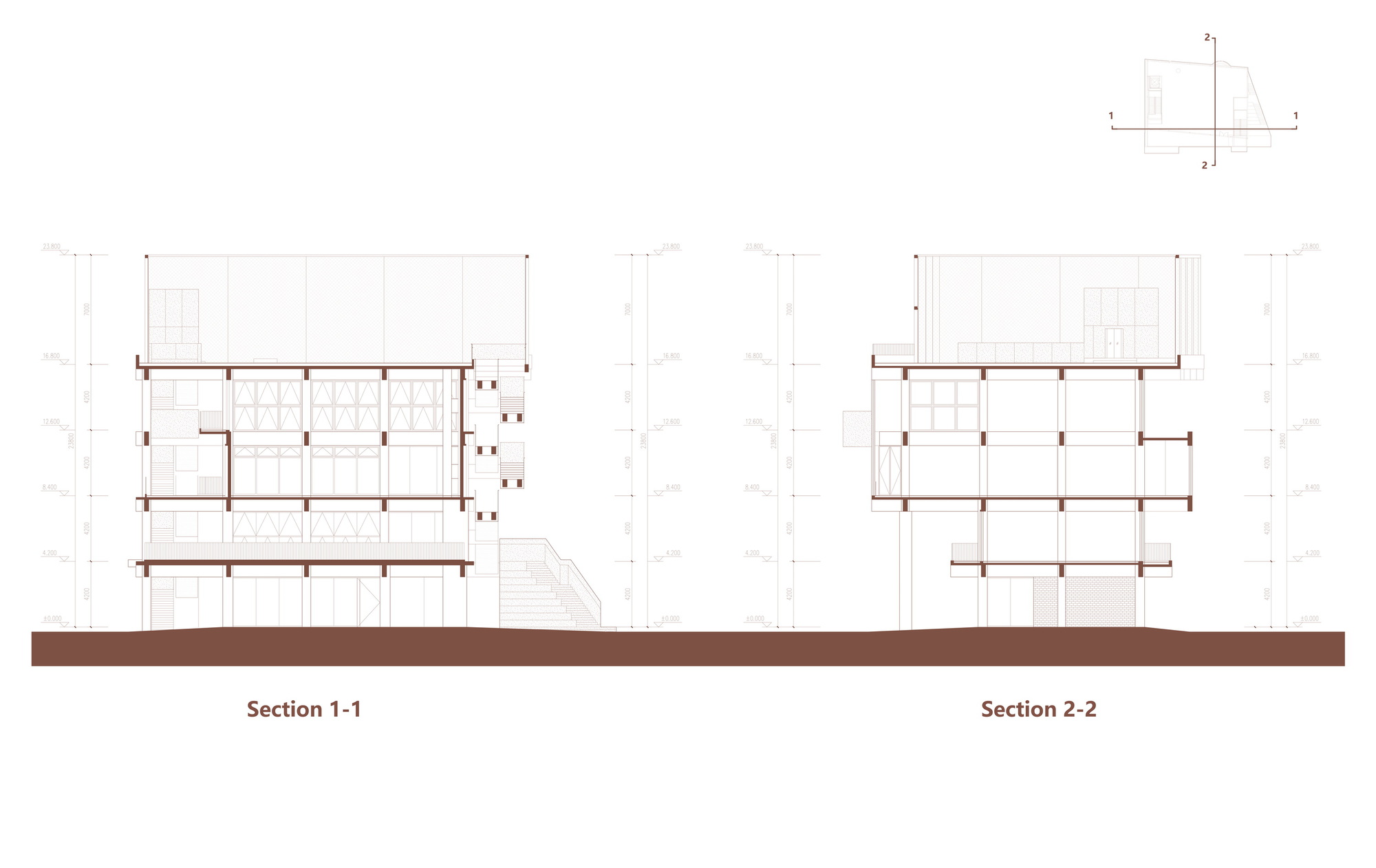 Section drawings showing two cross sections through the multi-story structure with staircase and roof volumes