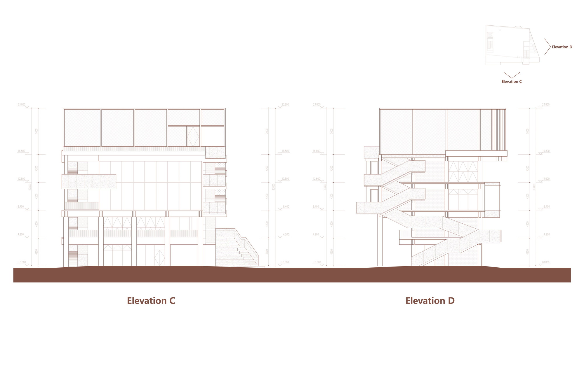 Elevation drawings depicting two facades with large glazed openings and visible stair circulation