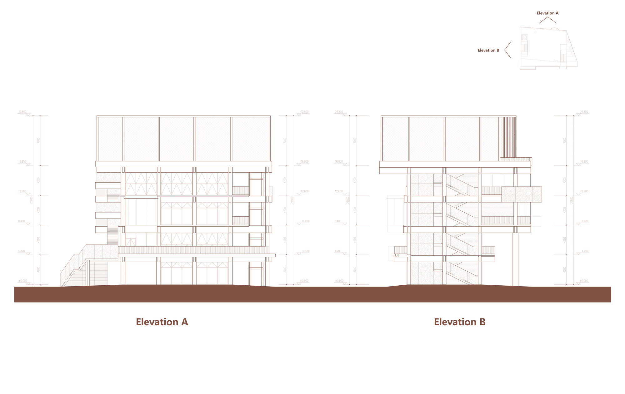 Elevation drawings showing two street facades with recessed balconies and external stair elements