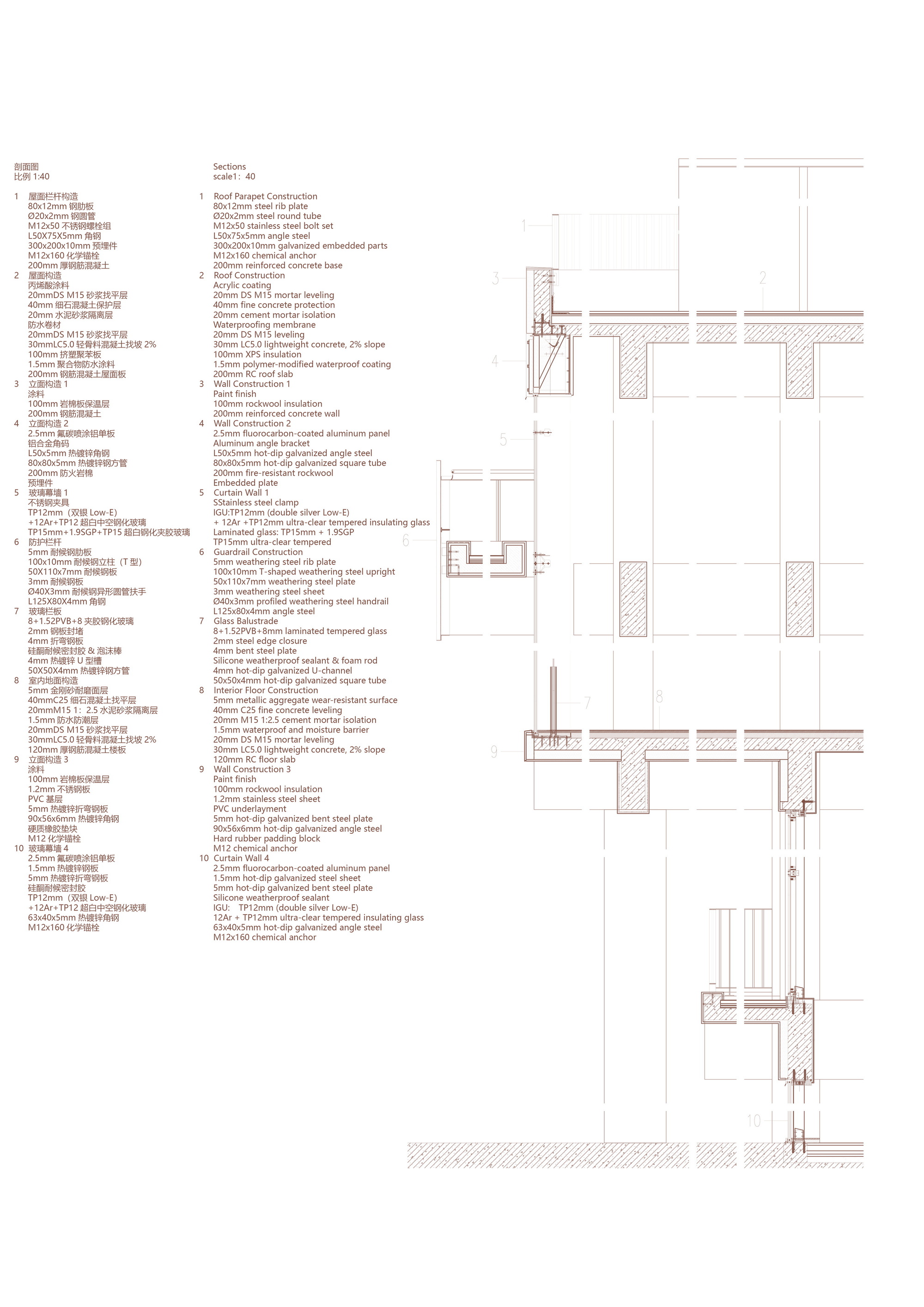 Construction detail drawings illustrating wall assemblies with annotated material specifications and layering