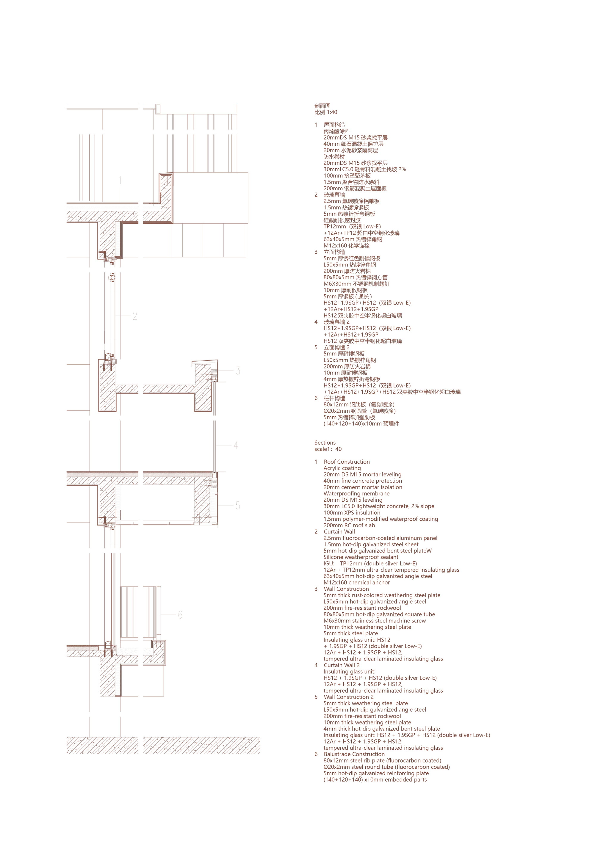 Wall section detail drawing showing the intersection of roof, facade, and floor slab construction
