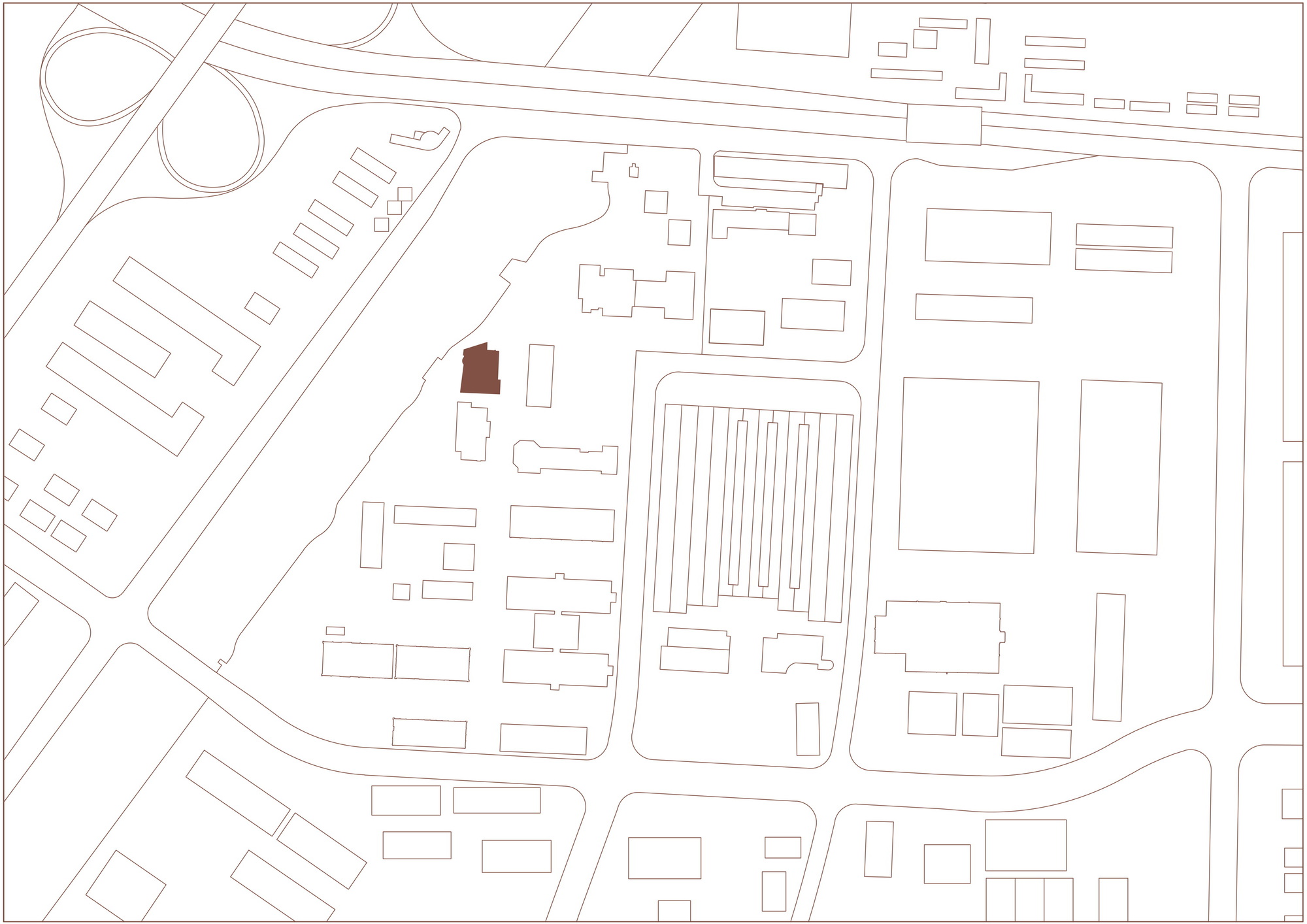 Site plan drawing highlighting a single building footprint in red within surrounding urban context