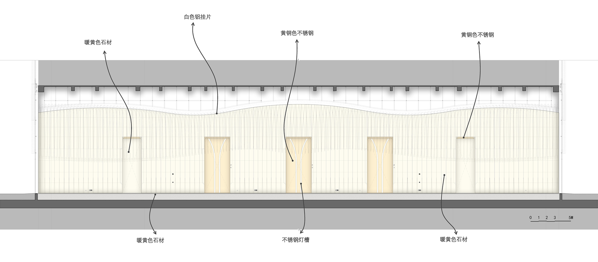 Elevation drawing showing horizontal ribbed facade with three evenly spaced door openings and annotated labels