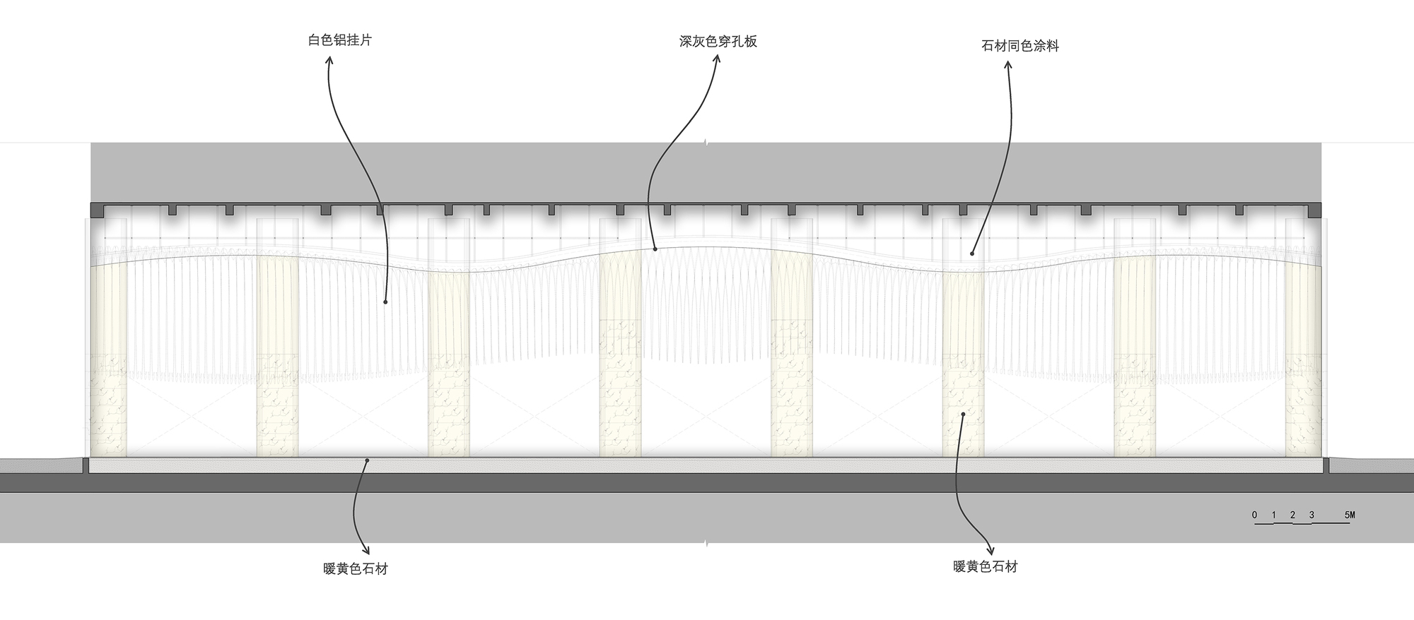 Elevation drawing showing the facade with vertical paneling and a flat roof canopy