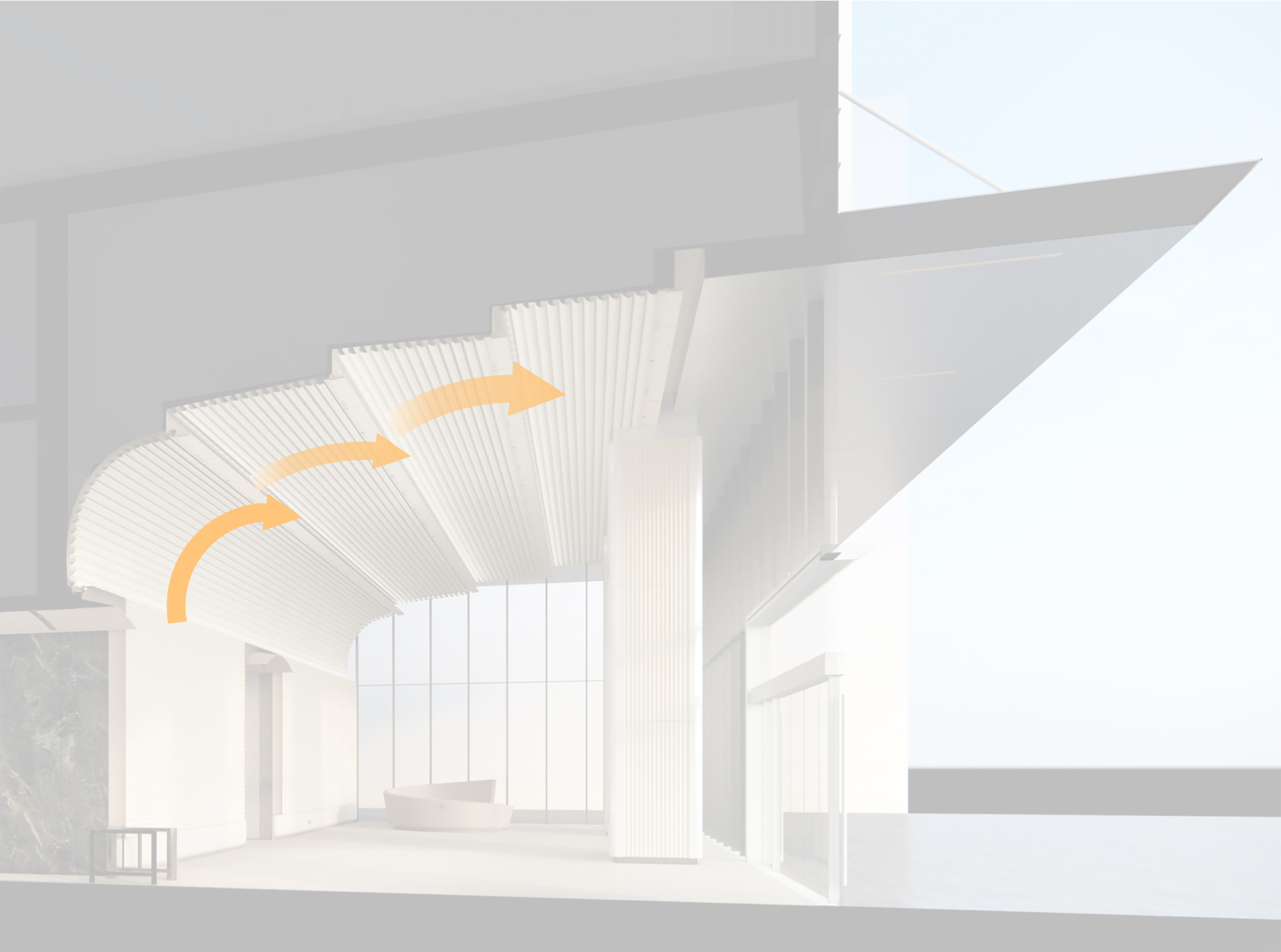 Section drawing showing the ribbed ceiling flowing into interior volumes with circulation arrows
