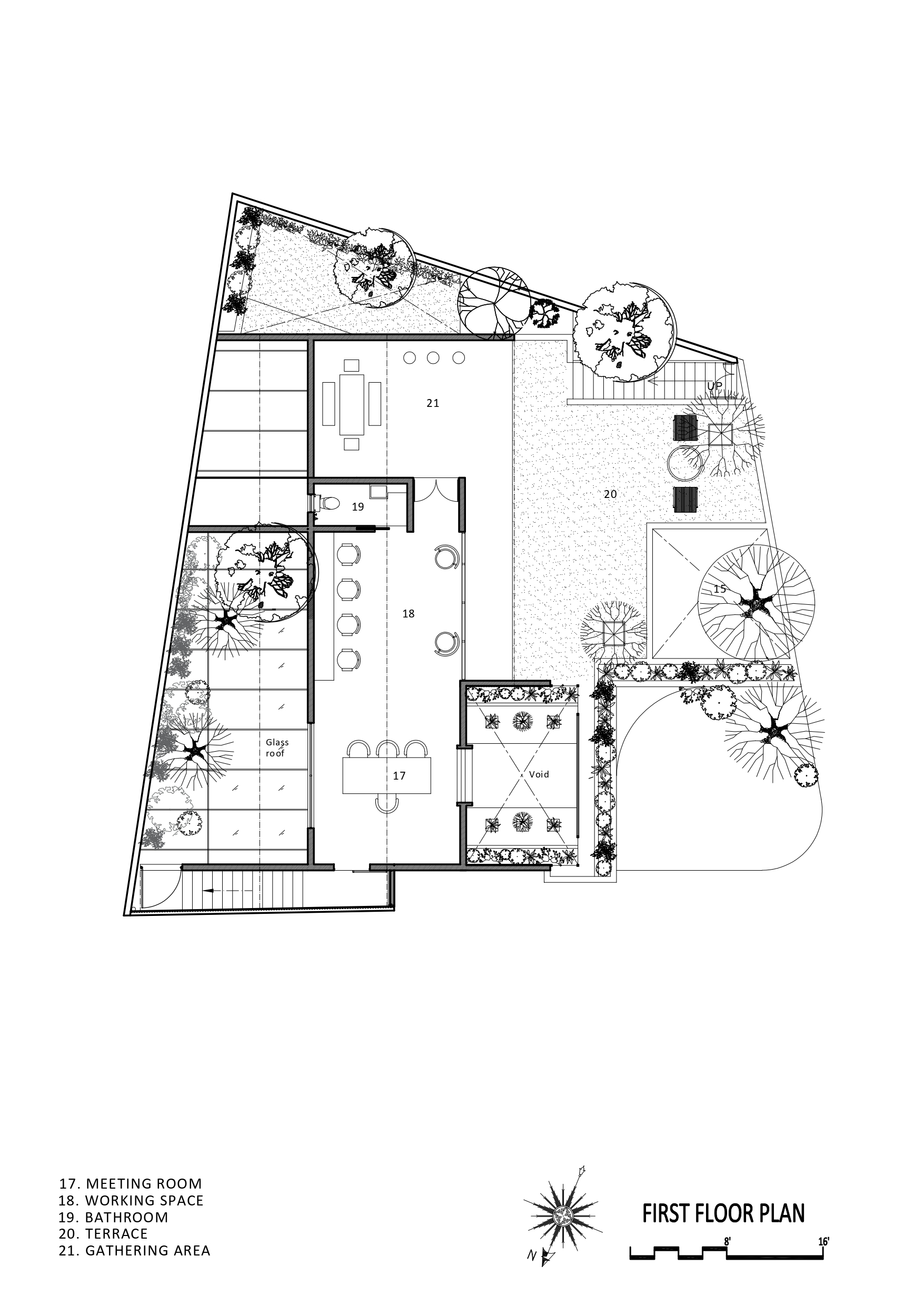 First floor plan showing an angular layout with courtyards, gathering area, and meeting rooms with planted borders